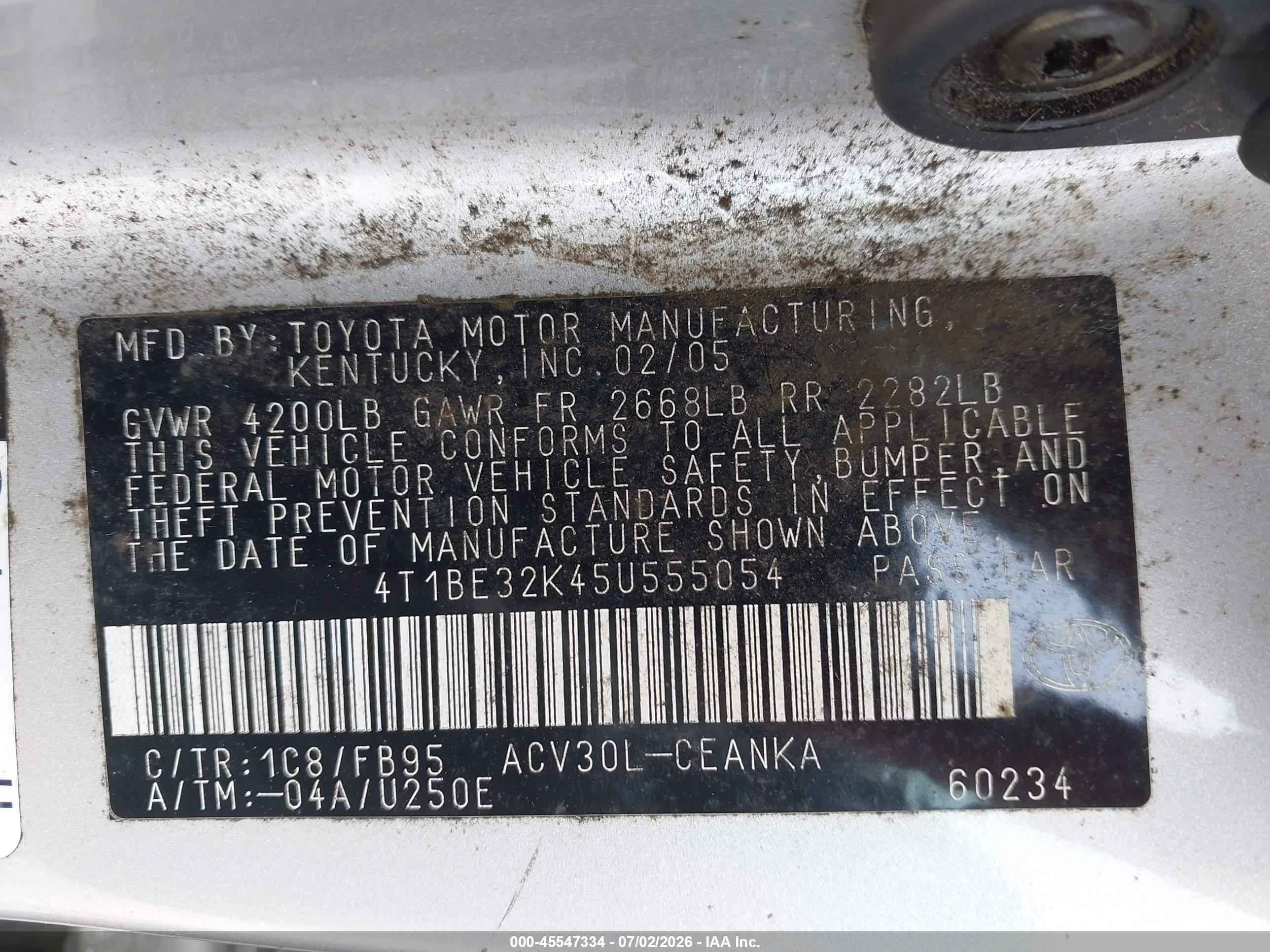 2005 Toyota Camry Le Silver vin: 4T1BE32K45U555054