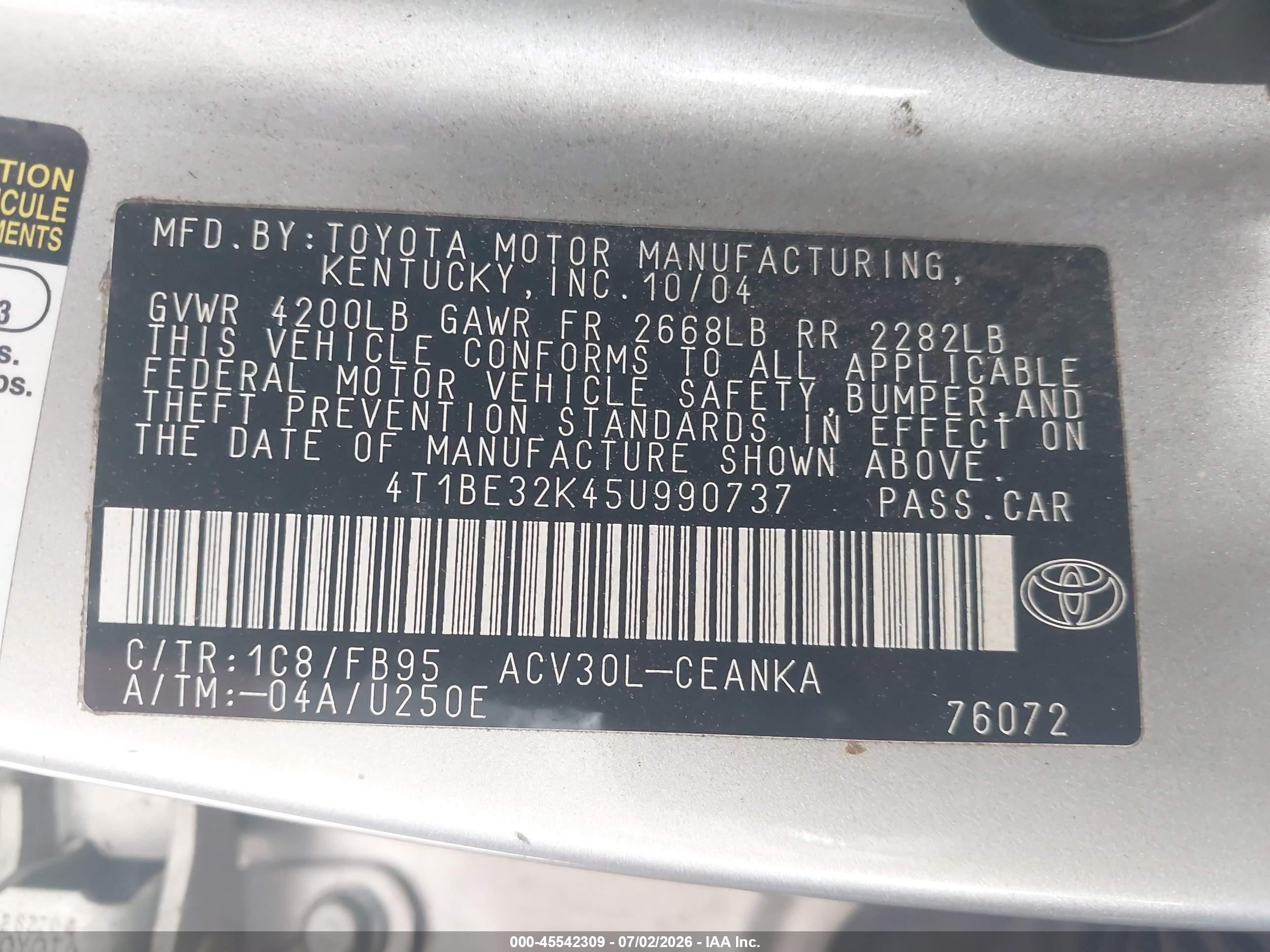 2005 Toyota Camry Le Серый vin: 4T1BE32K45U990737