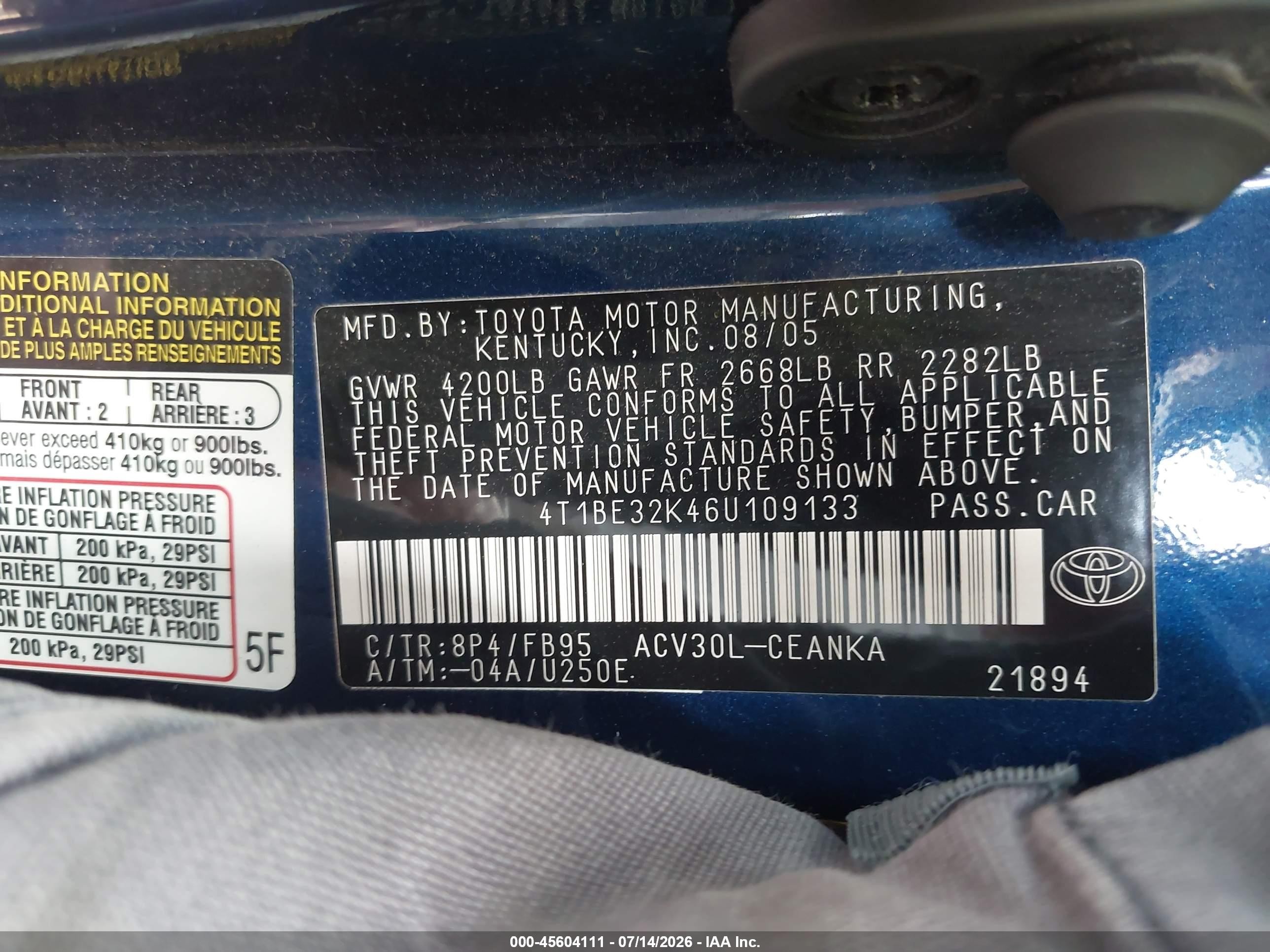 2006 Toyota Camry Le Blue vin: 4T1BE32K46U109133