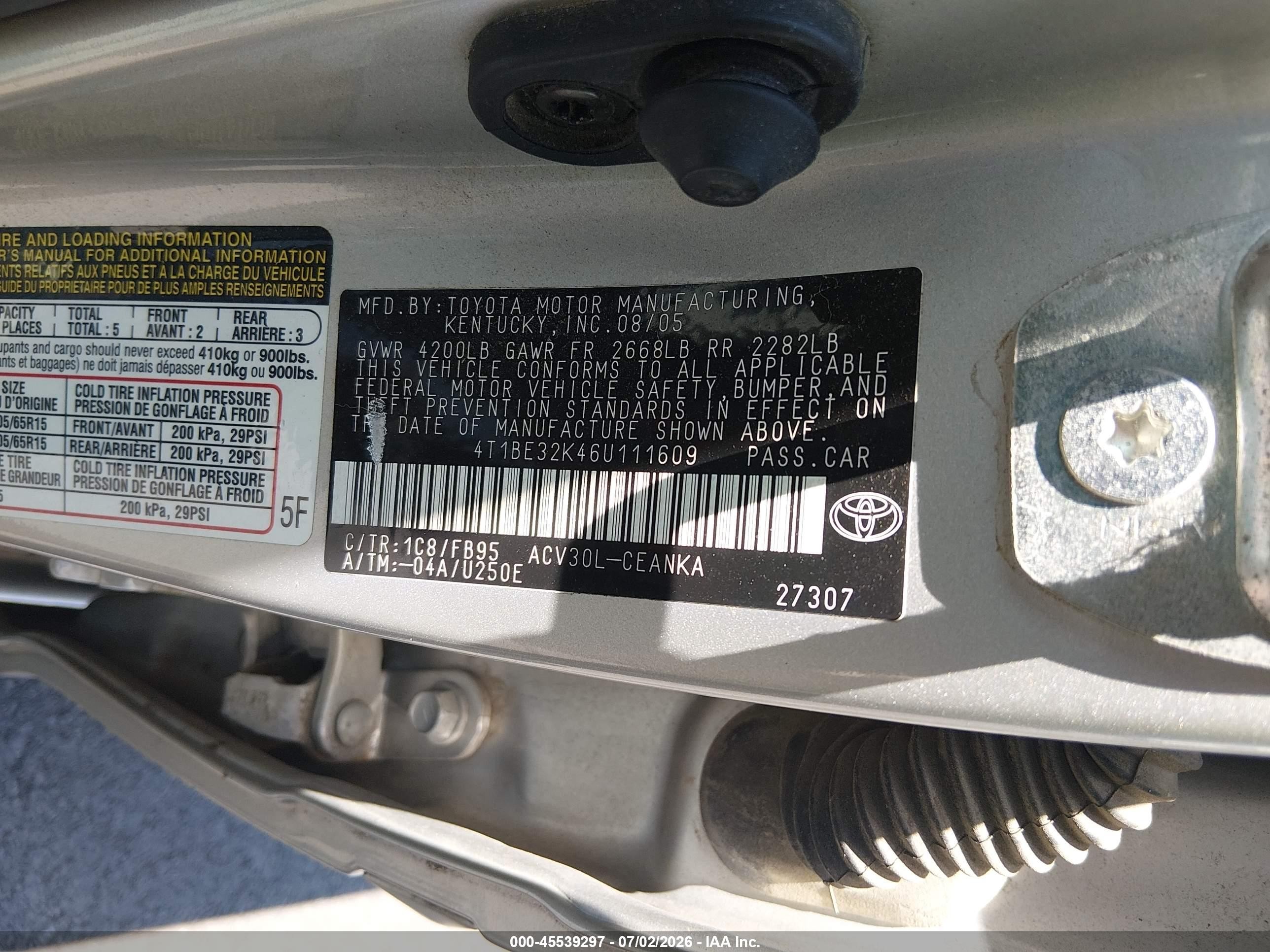 2006 Toyota Camry Le Серый vin: 4T1BE32K46U111609