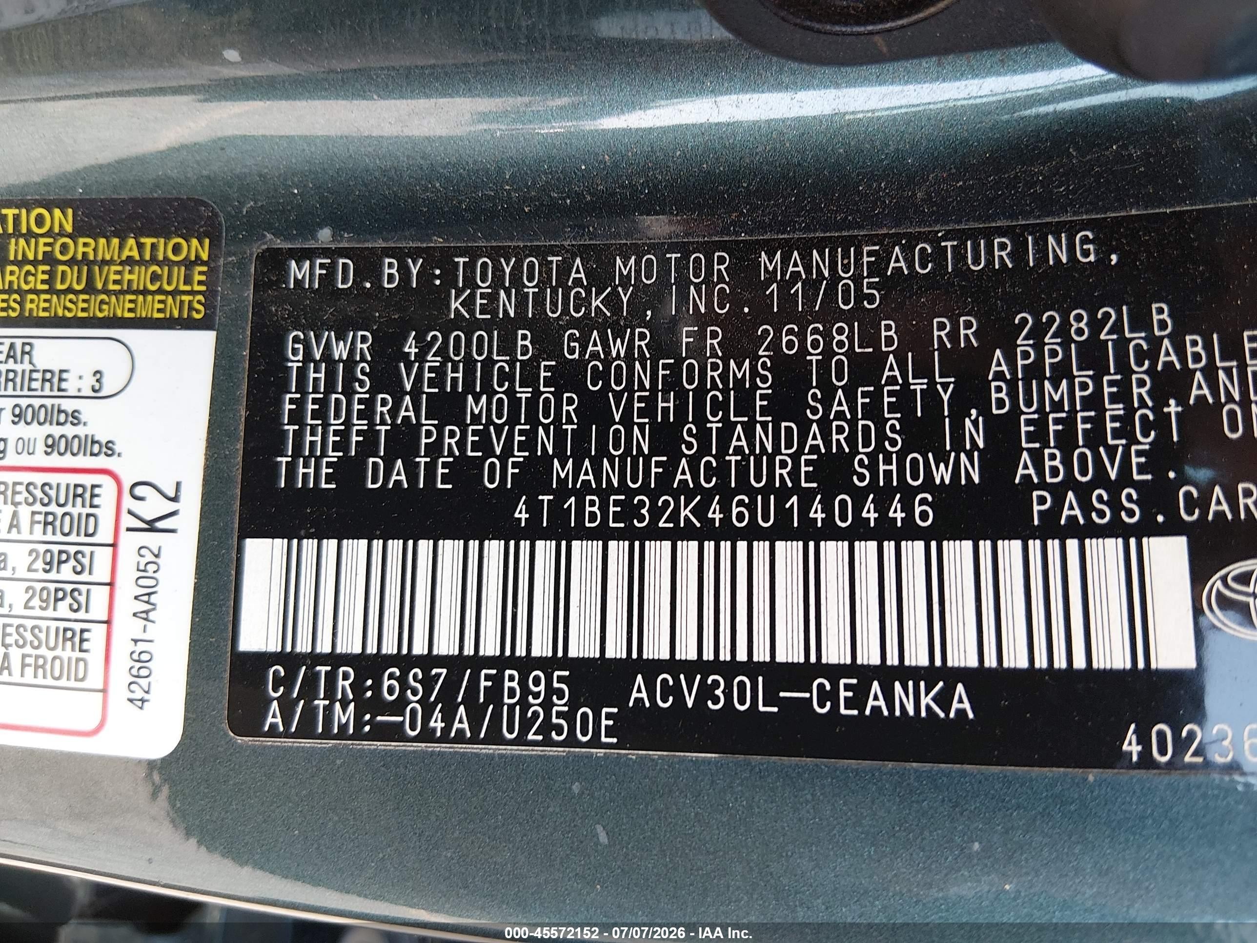 2006 Toyota Camry Le Green vin: 4T1BE32K46U140446