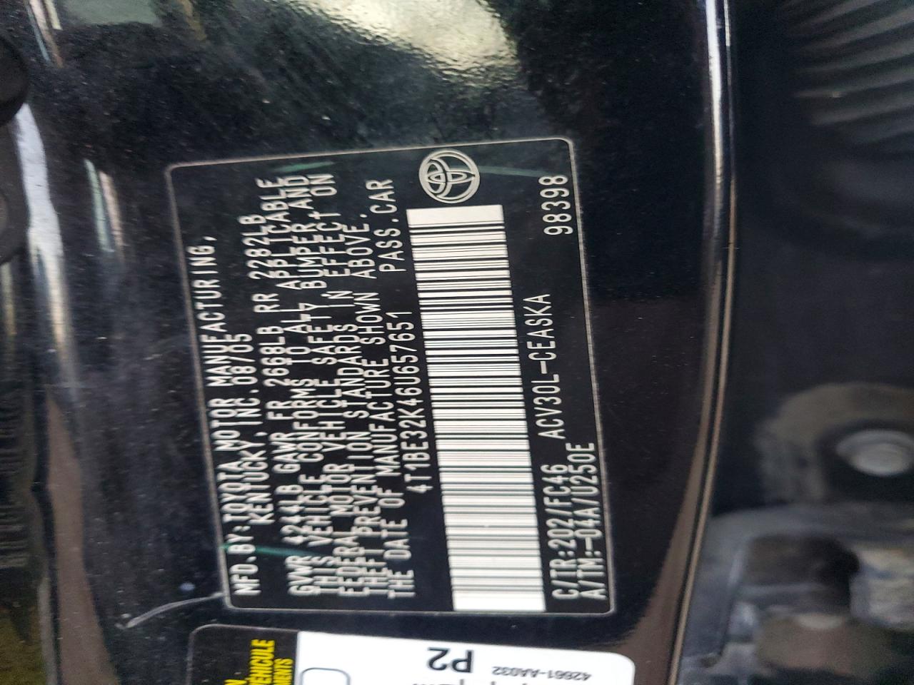 2006 Toyota Camry Se Black vin: 4T1BE32K46U657651