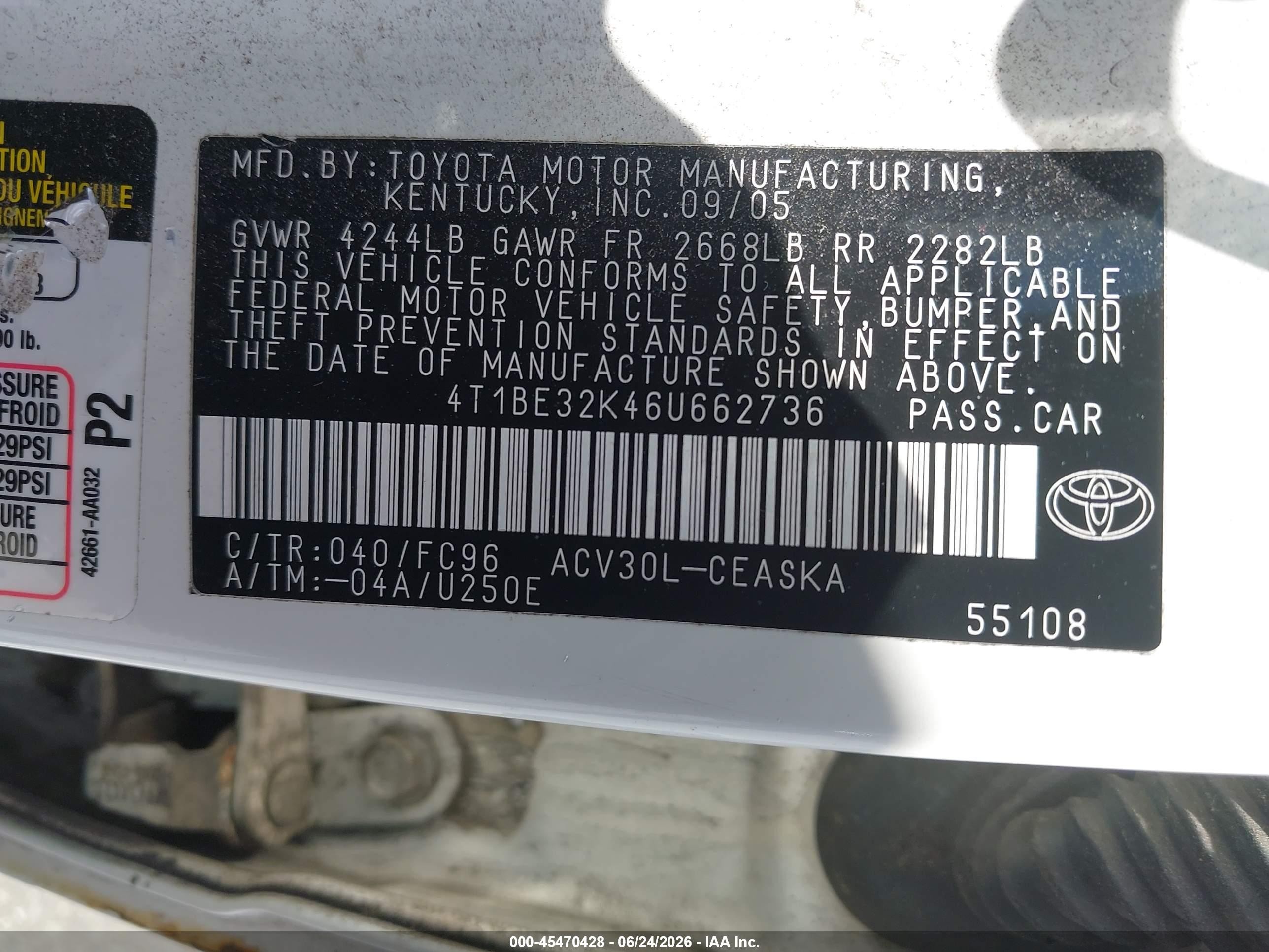 2006 Toyota Camry Se White vin: 4T1BE32K46U662736
