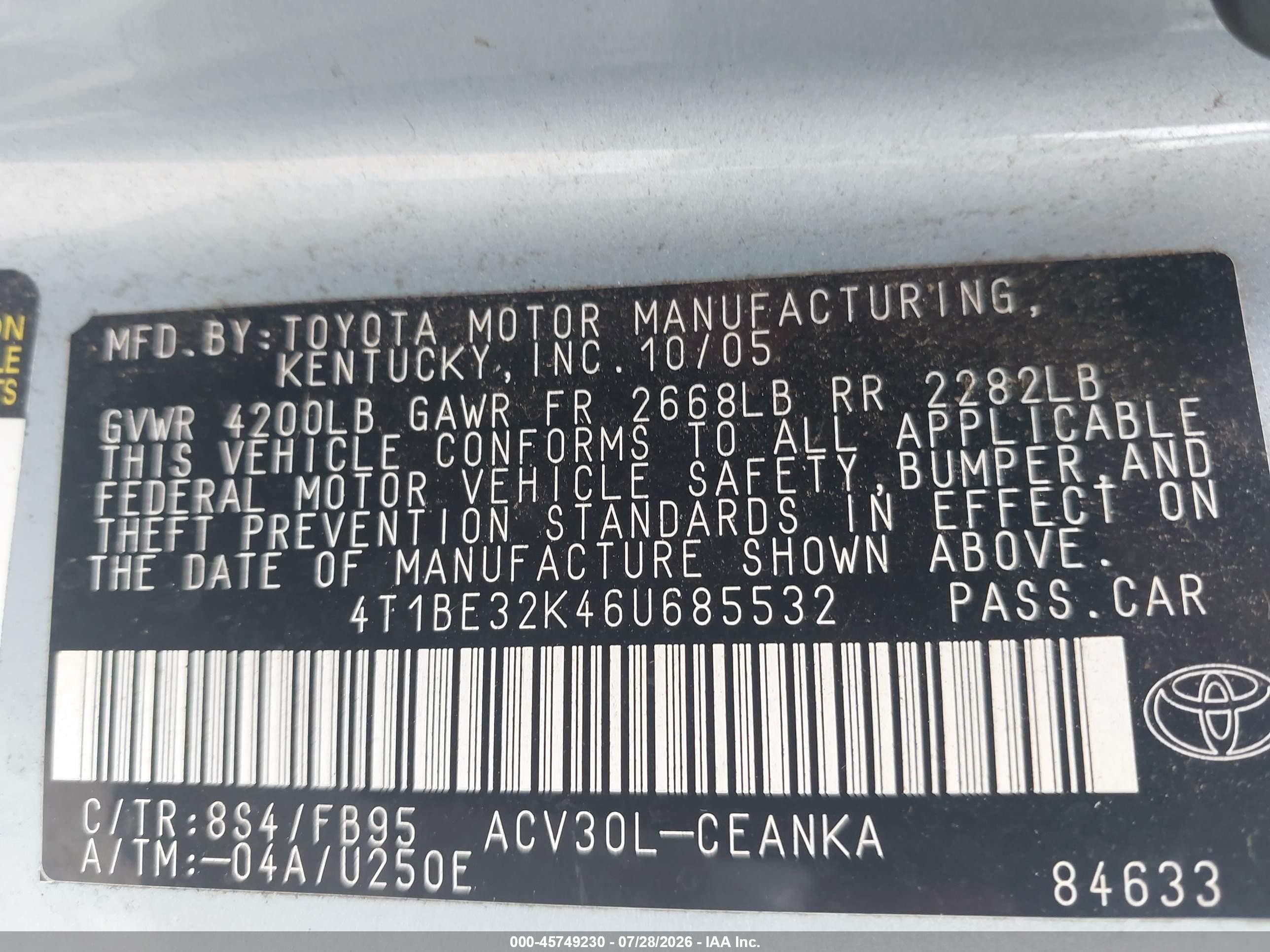 2006 Toyota Camry Le Blue vin: 4T1BE32K46U685532