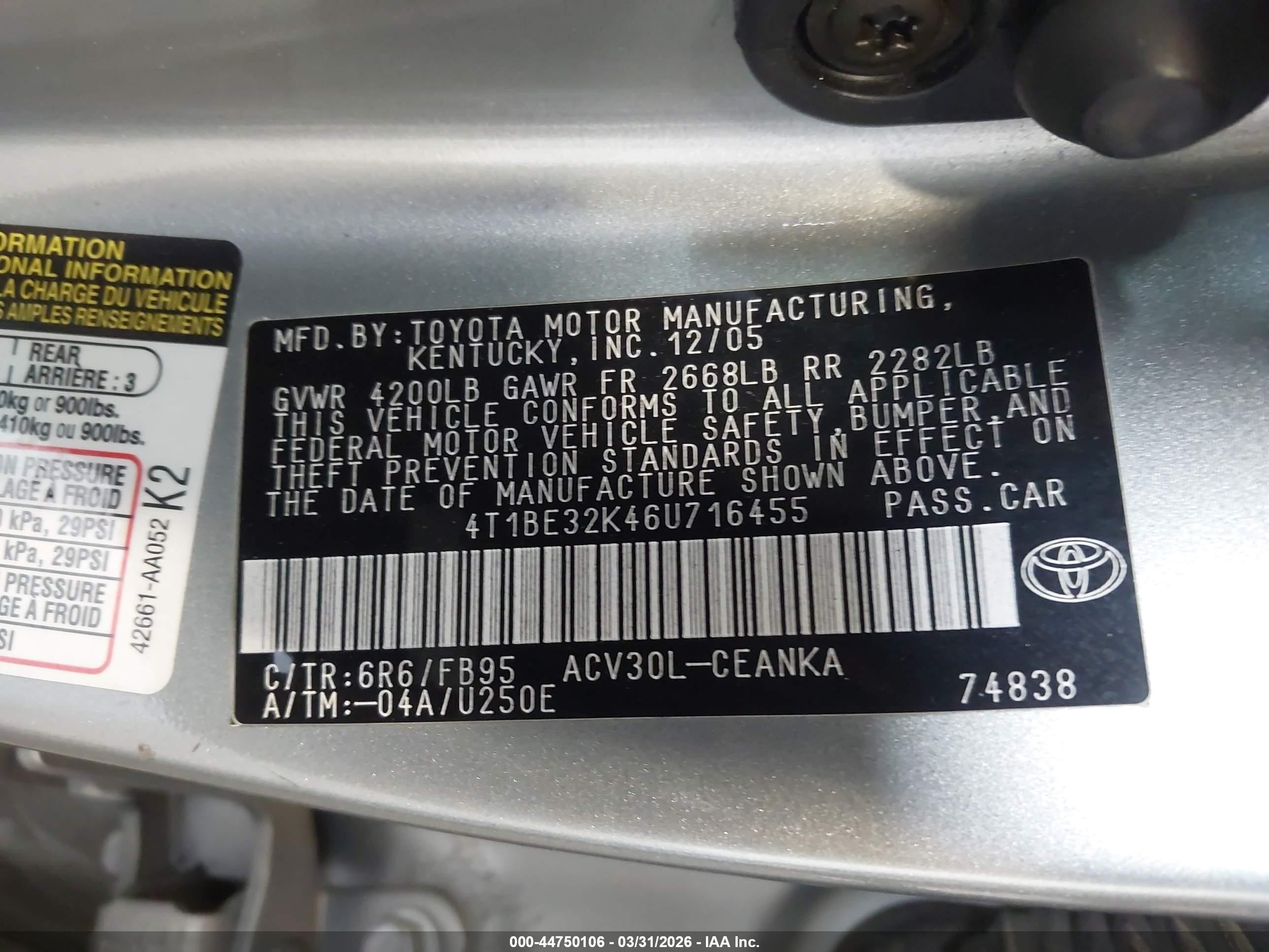 2006 Toyota Camry Le Pewter vin: 4T1BE32K46U716455