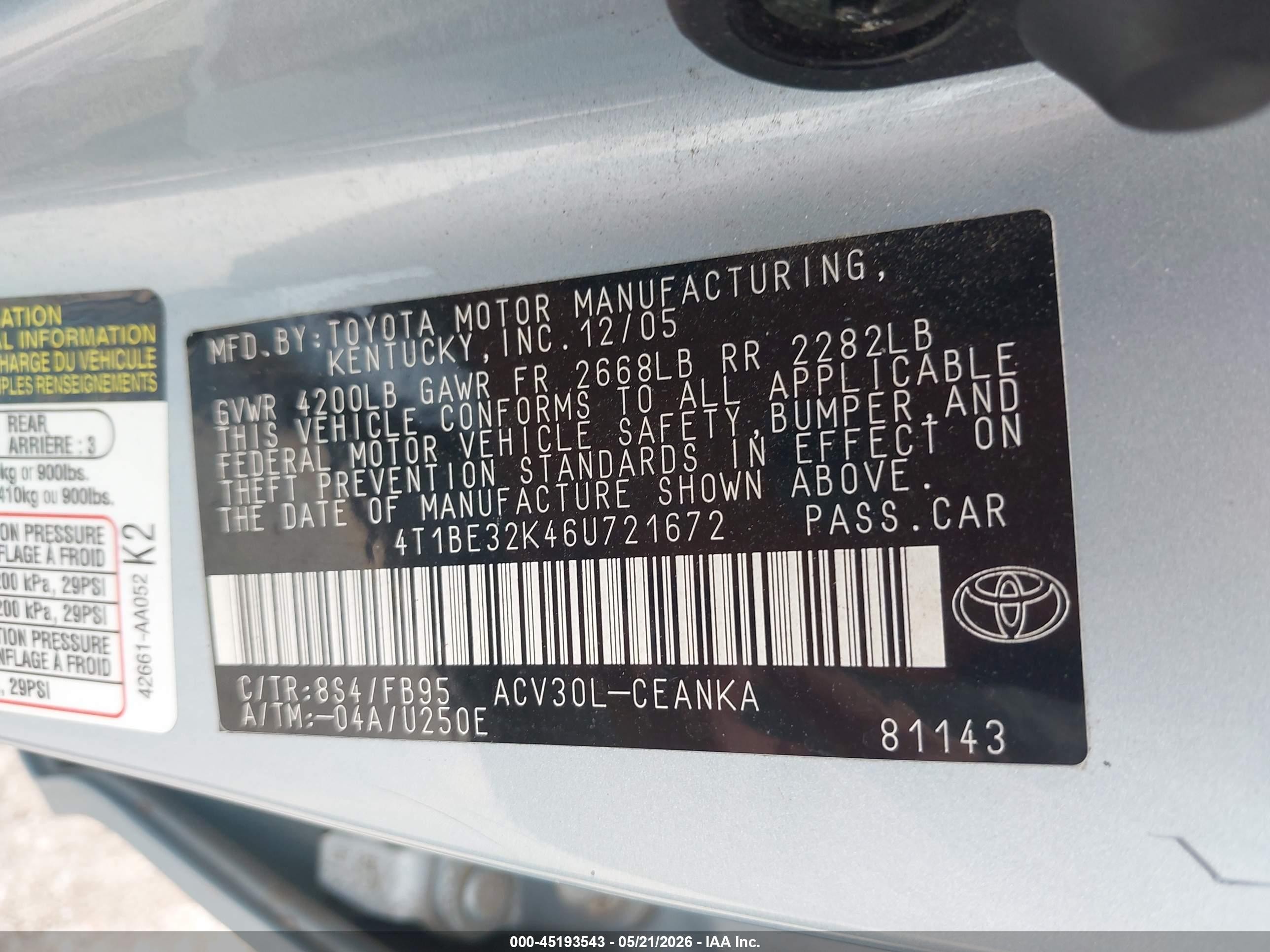 2006 Toyota Camry Le Blue vin: 4T1BE32K46U721672