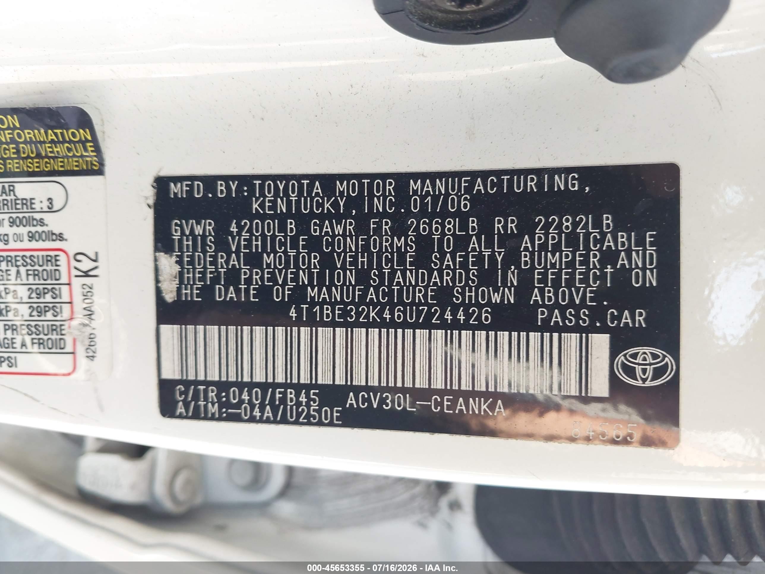 2006 Toyota Camry Le White vin: 4T1BE32K46U724426