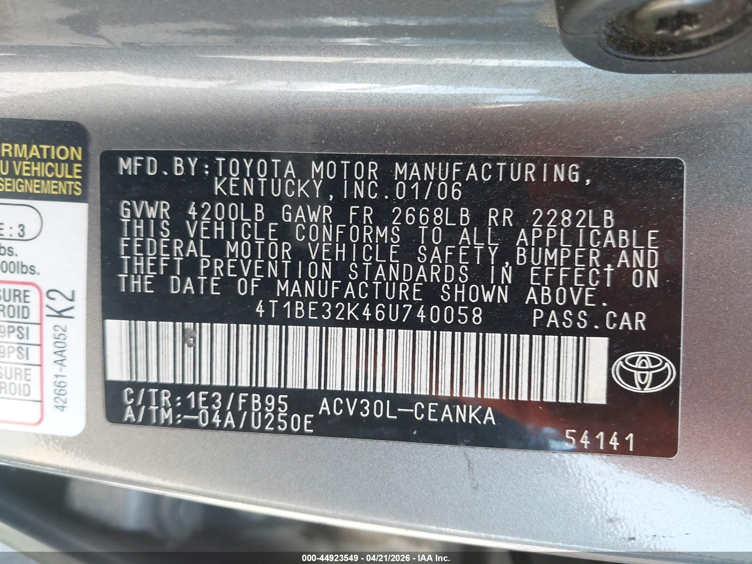 2006 Toyota Camry Le Gray vin: 4T1BE32K46U740058