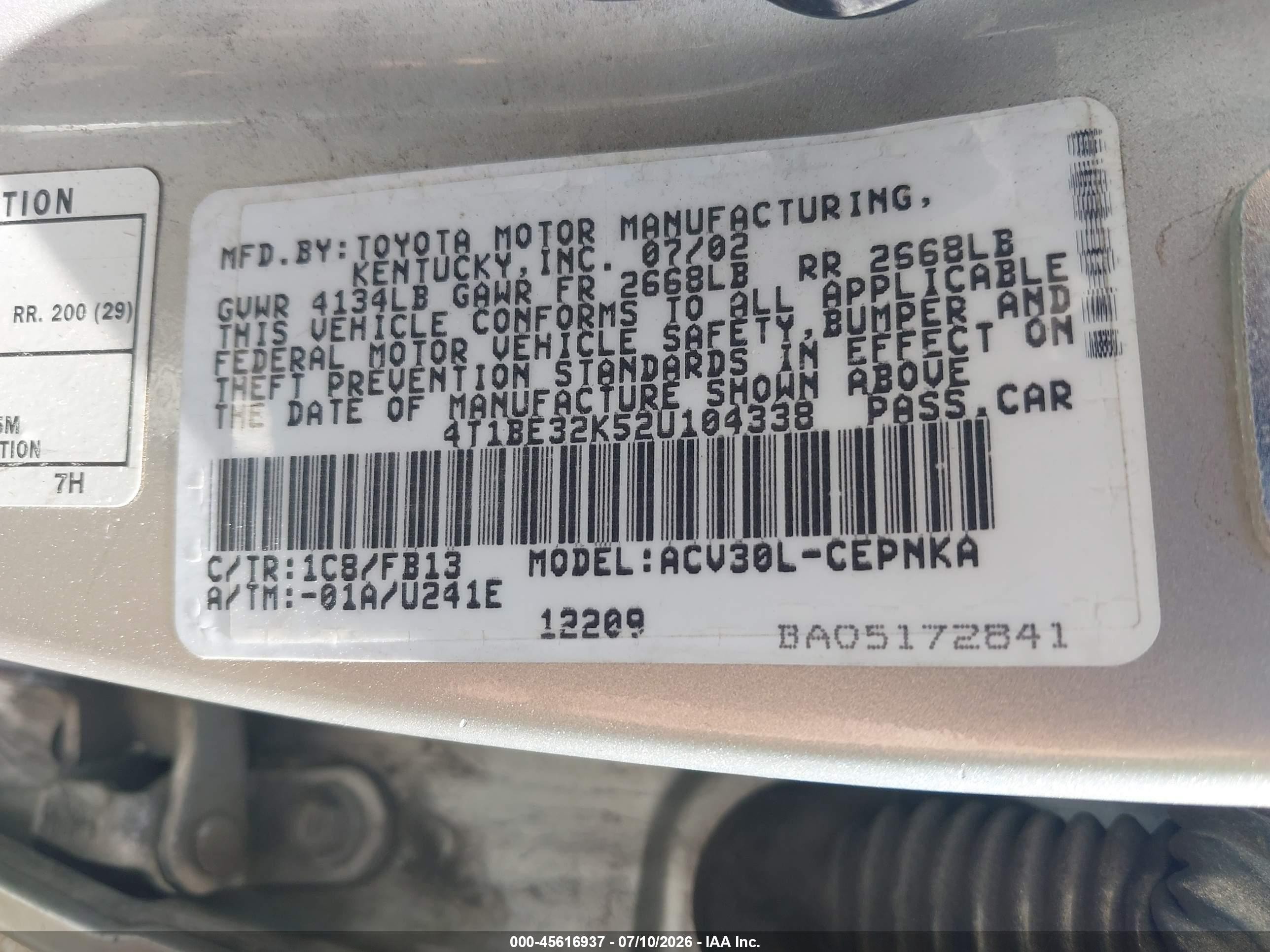 2002 Toyota Camry Le Silver vin: 4T1BE32K52U104338