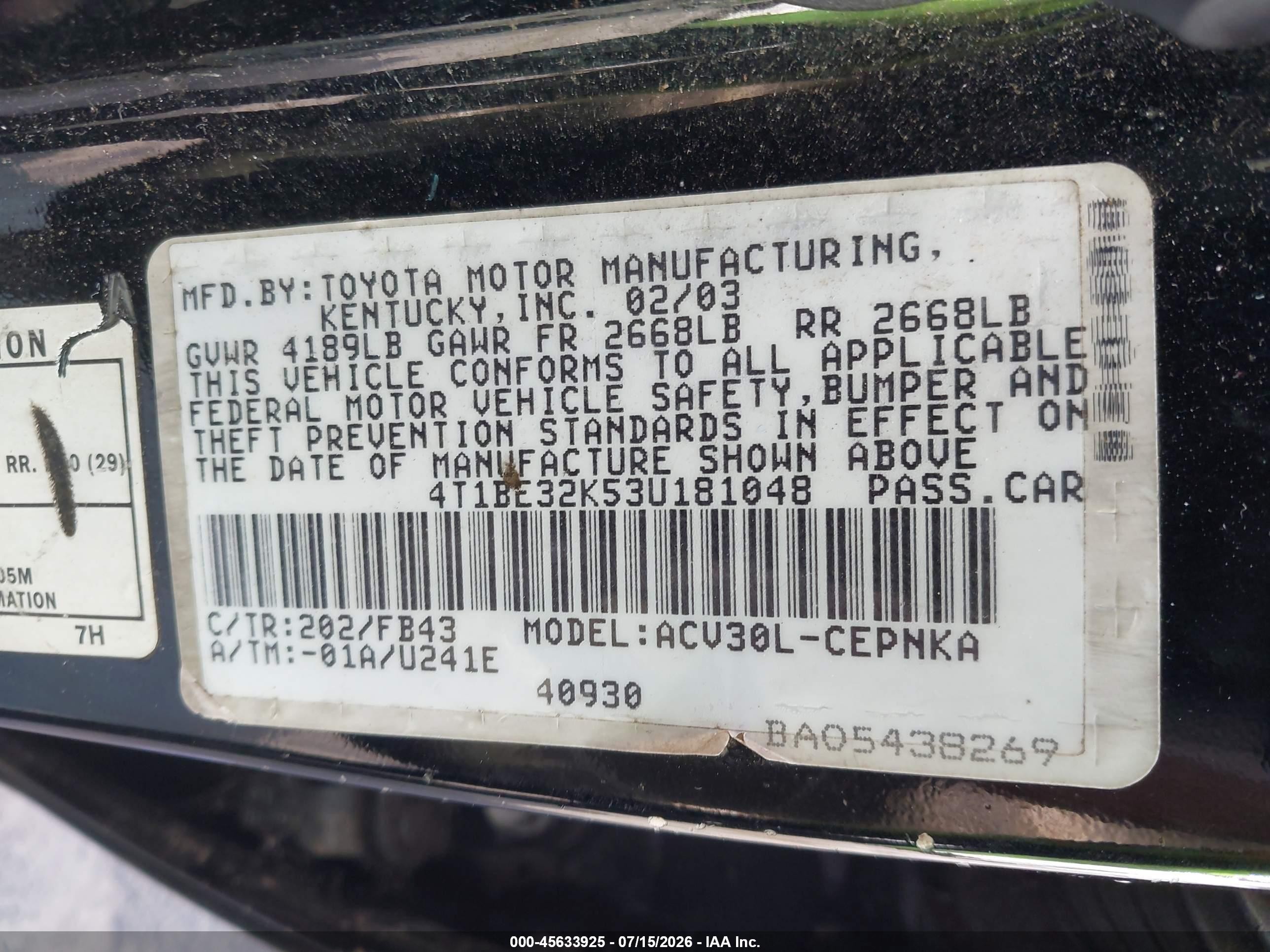 2003 Toyota Camry Le Blue vin: 4T1BE32K53U181048