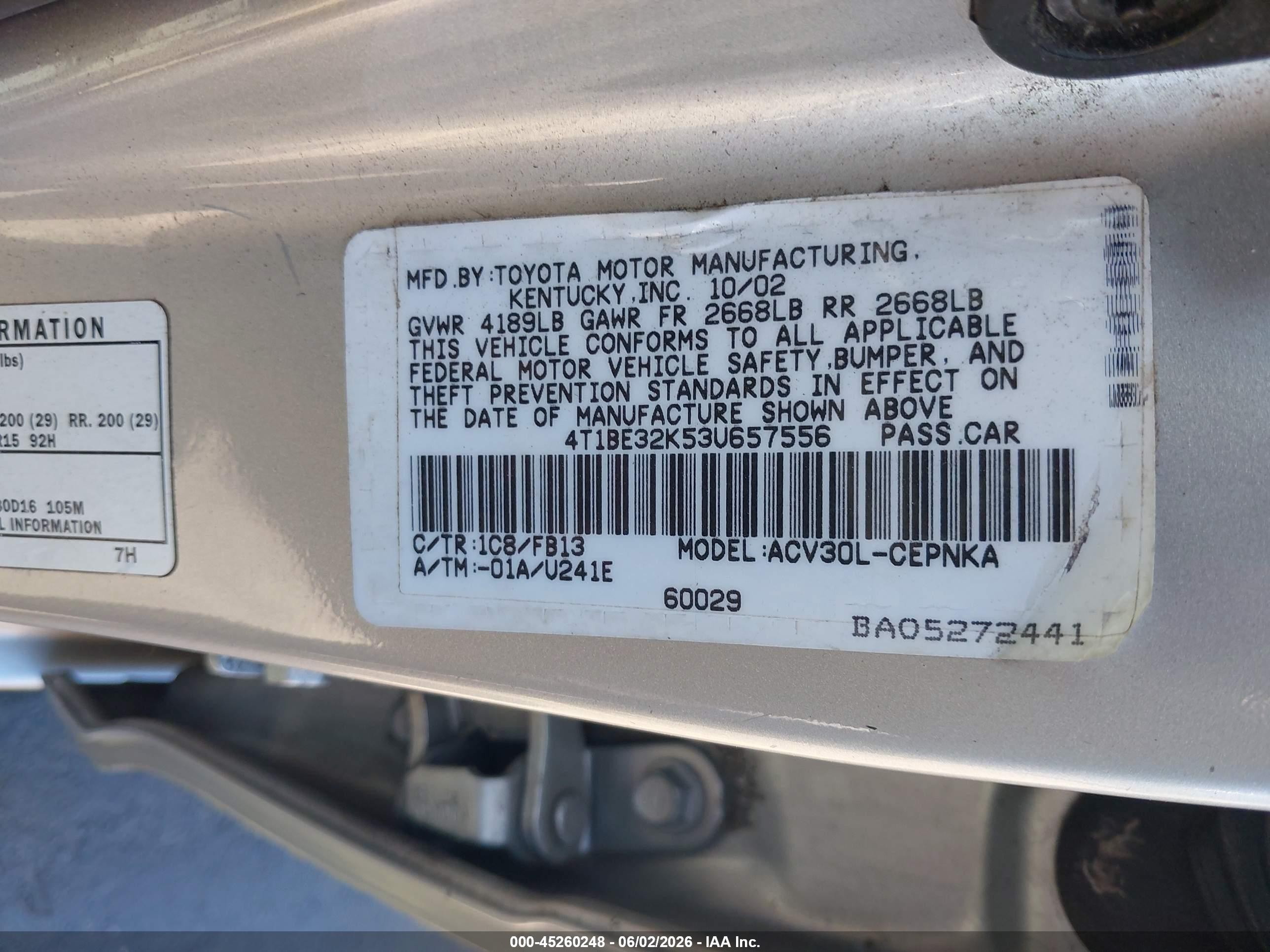 2003 Toyota Camry Le Silver vin: 4T1BE32K53U657556