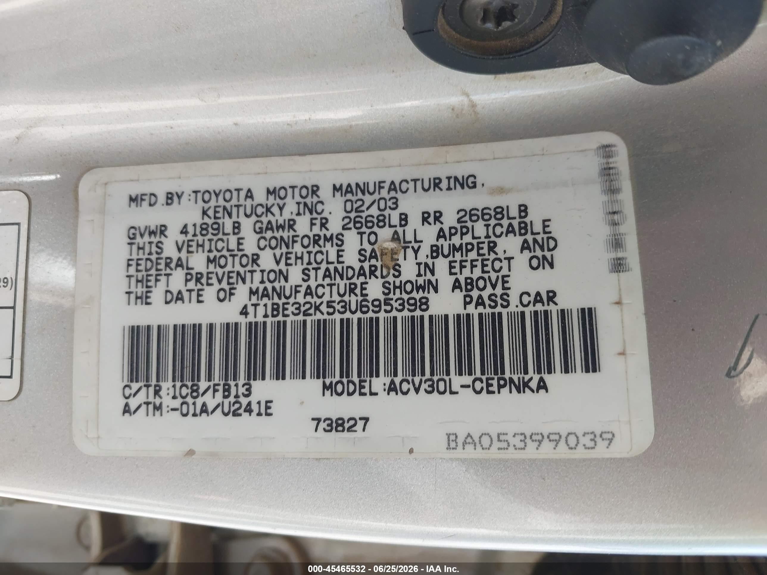 2003 Toyota Camry Le Silver vin: 4T1BE32K53U695398