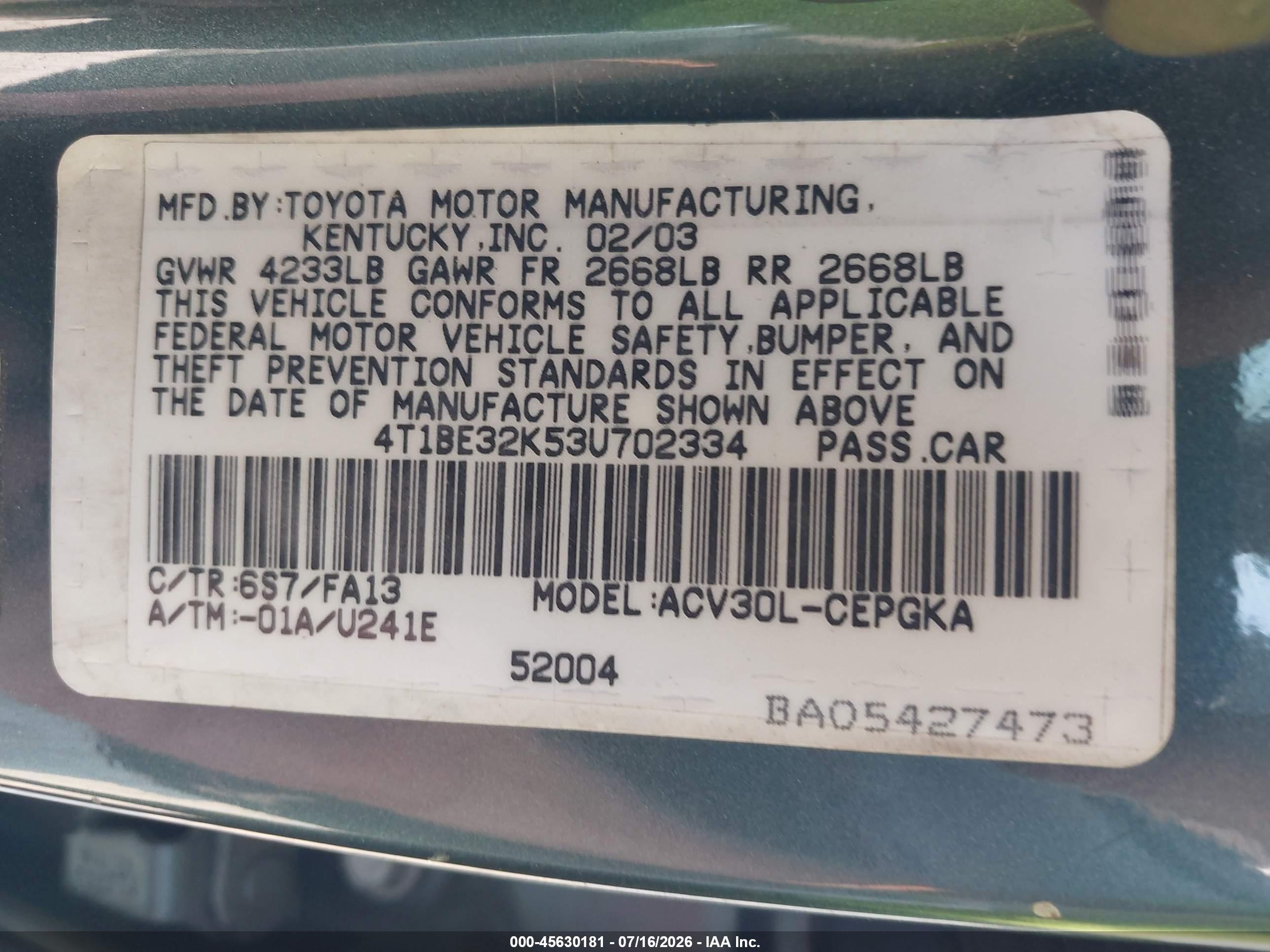 2003 Toyota Camry Xle Gray vin: 4T1BE32K53U702334