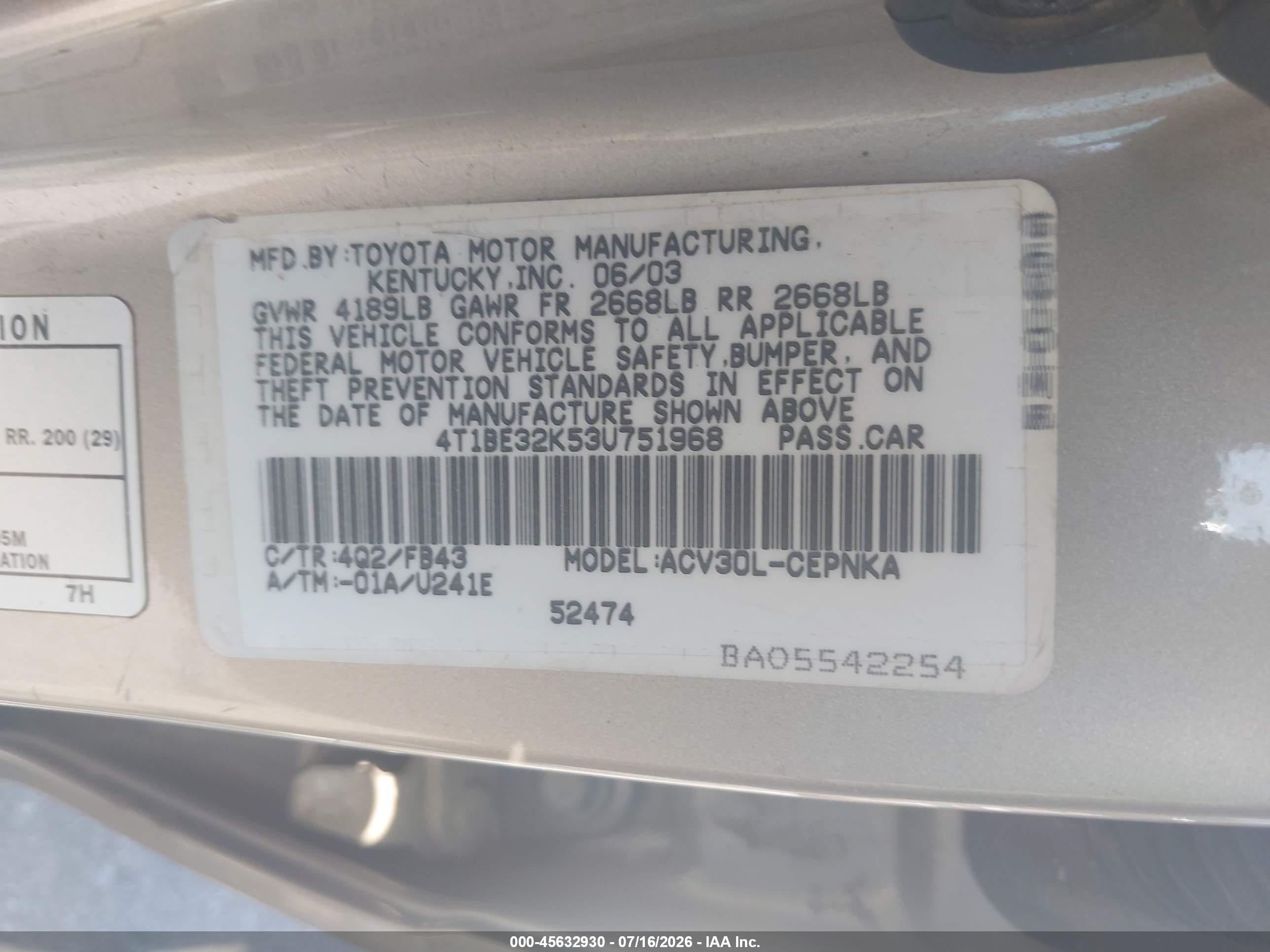 2003 Toyota Camry Le Beige vin: 4T1BE32K53U751968
