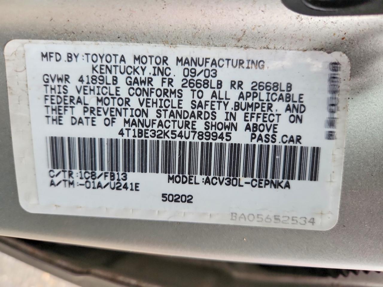 2004 Toyota Camry Le Silver vin: 4T1BE32K54U789945