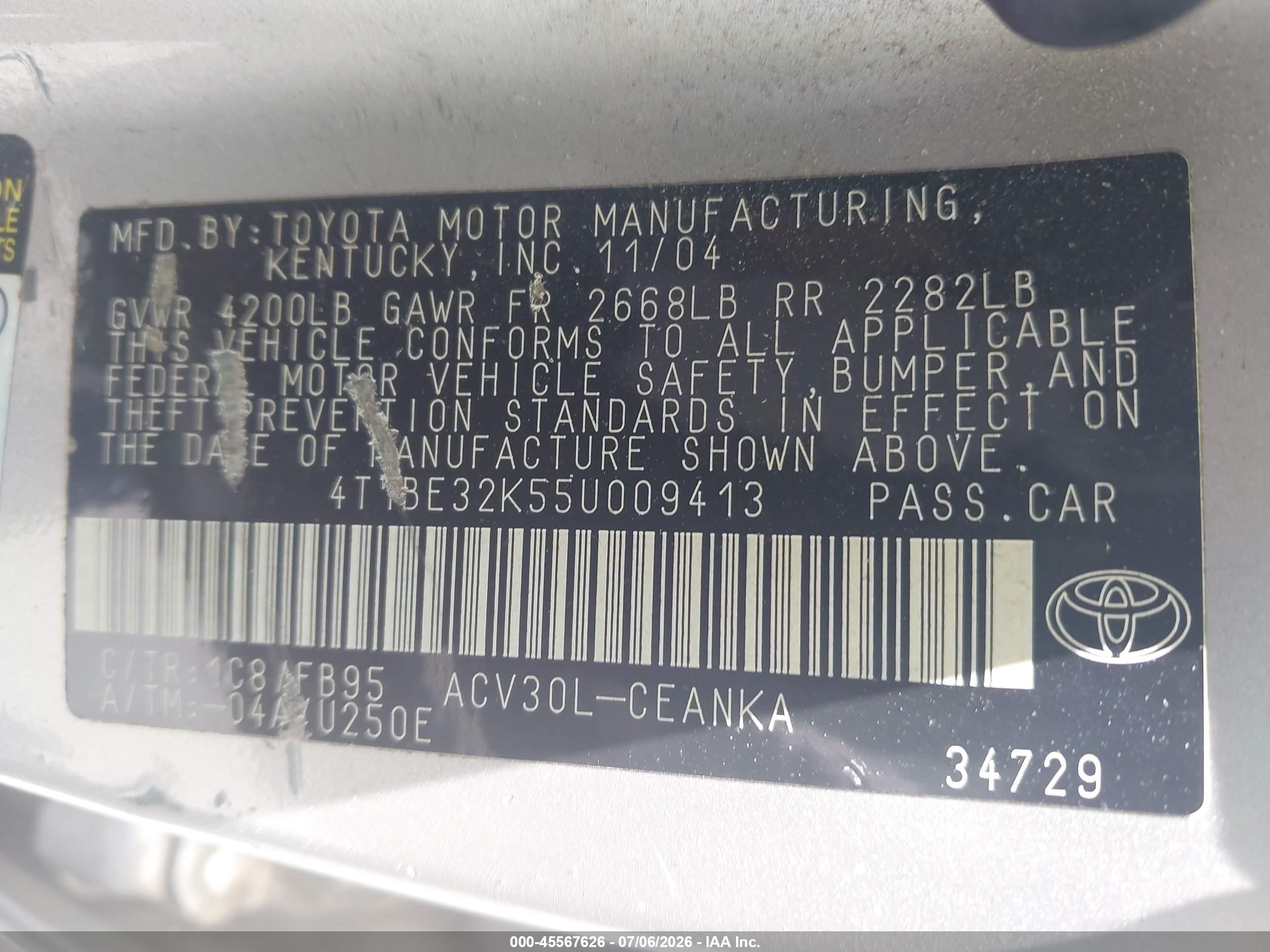 2005 Toyota Camry Std Silver vin: 4T1BE32K55U009413