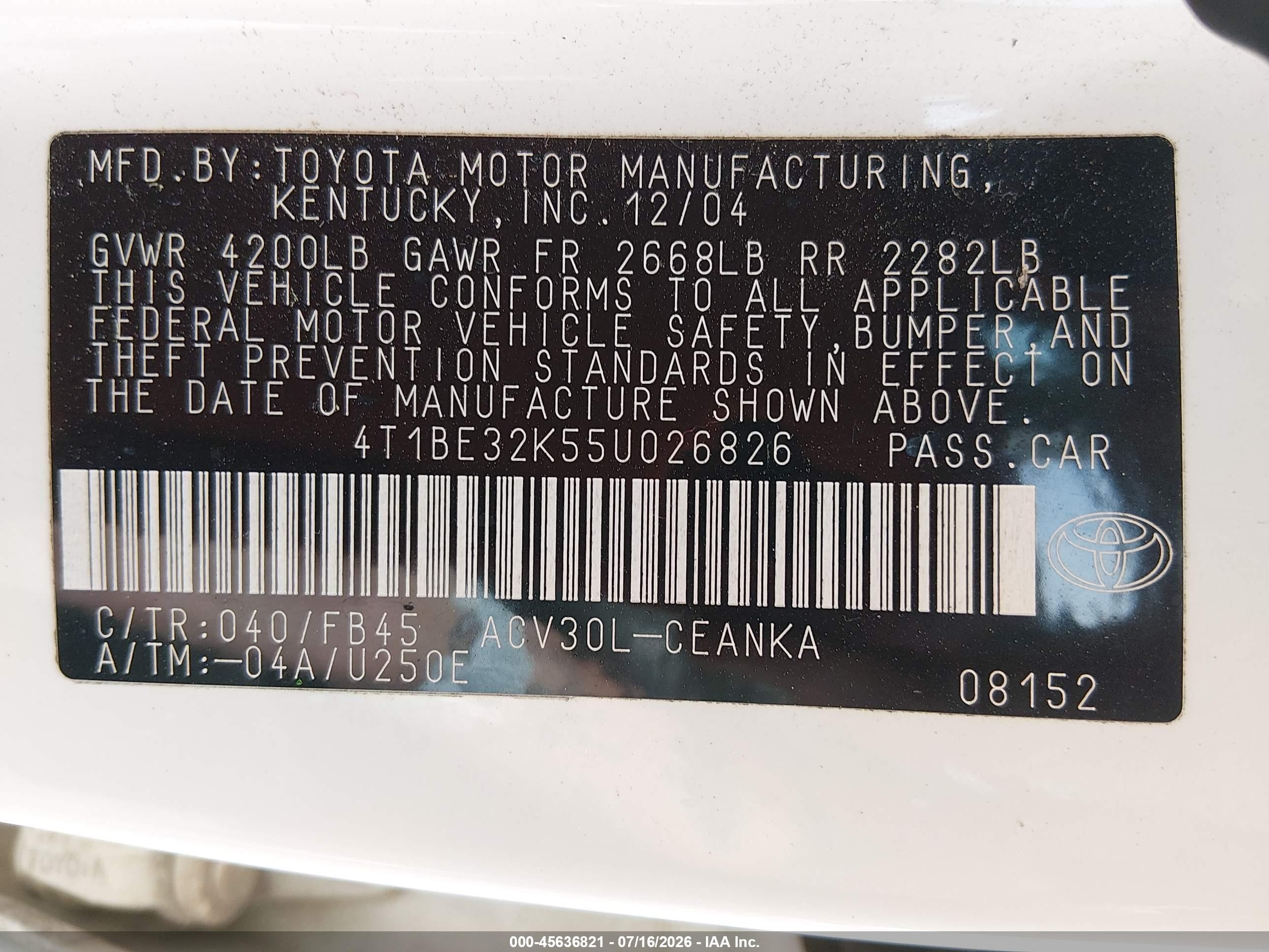 2005 Toyota Camry Le White vin: 4T1BE32K55U026826