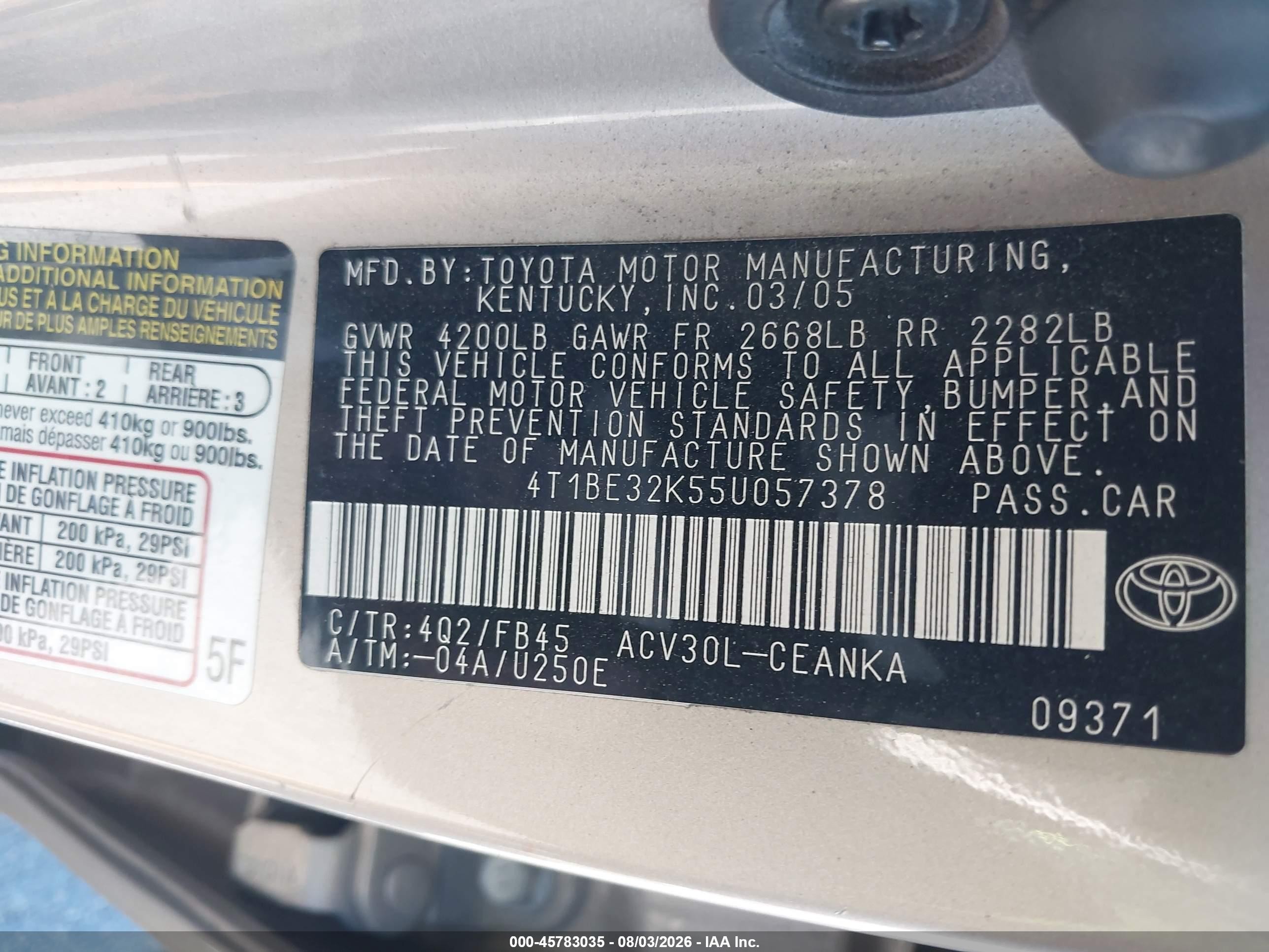 2005 Toyota Camry Le Beige vin: 4T1BE32K55U057378