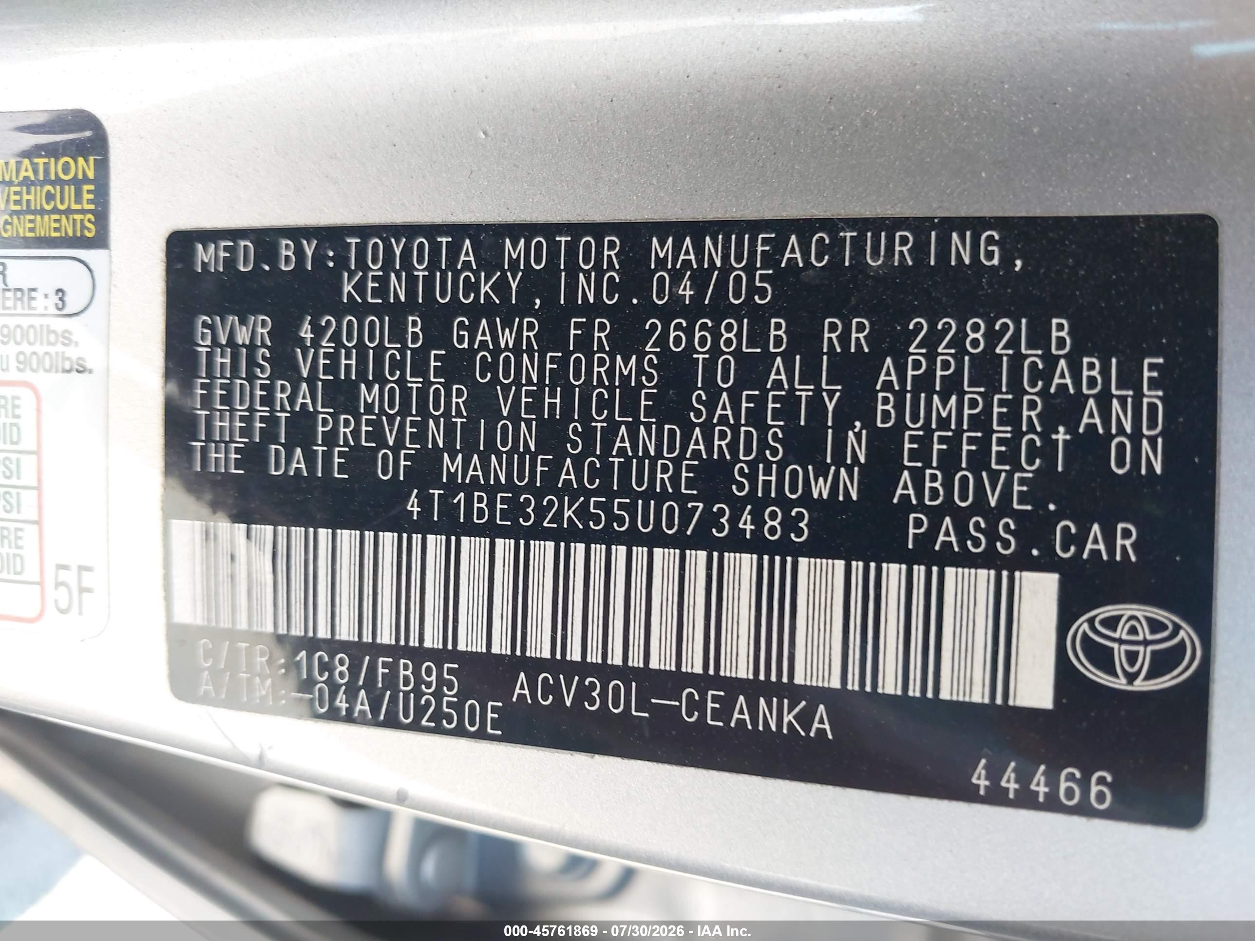 2005 Toyota Camry Le Gray vin: 4T1BE32K55U073483