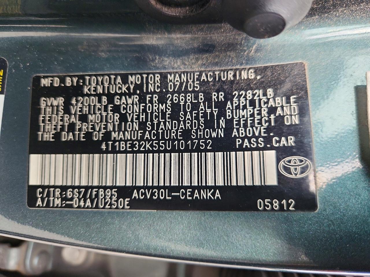 2005 Toyota Camry Le Teal vin: 4T1BE32K55U101752