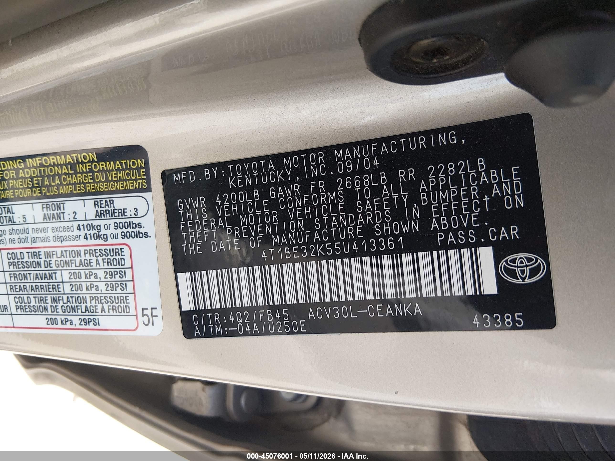 2005 Toyota Camry Le Pewter vin: 4T1BE32K55U413361