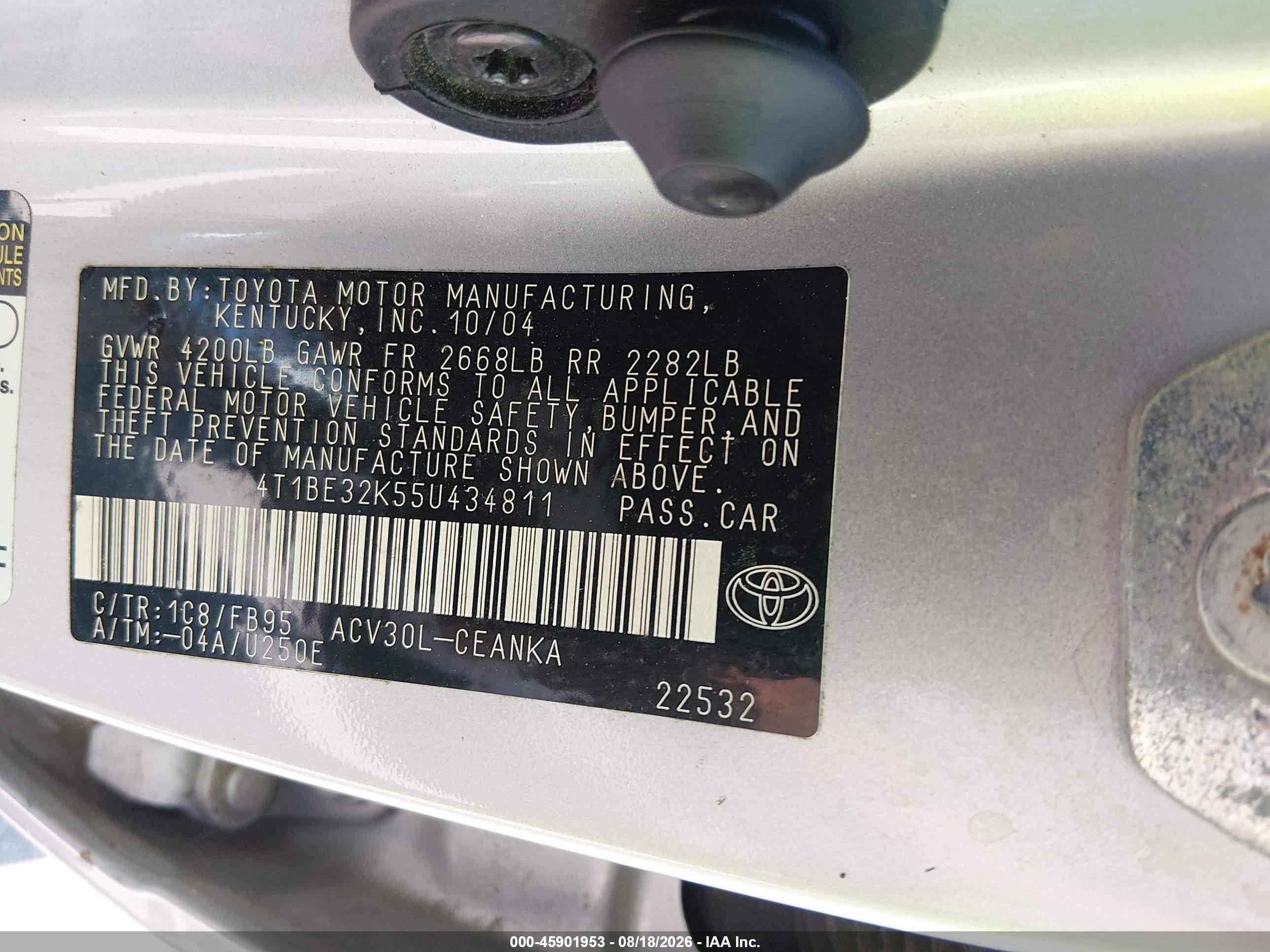 2005 Toyota Camry Le Silver vin: 4T1BE32K55U434811