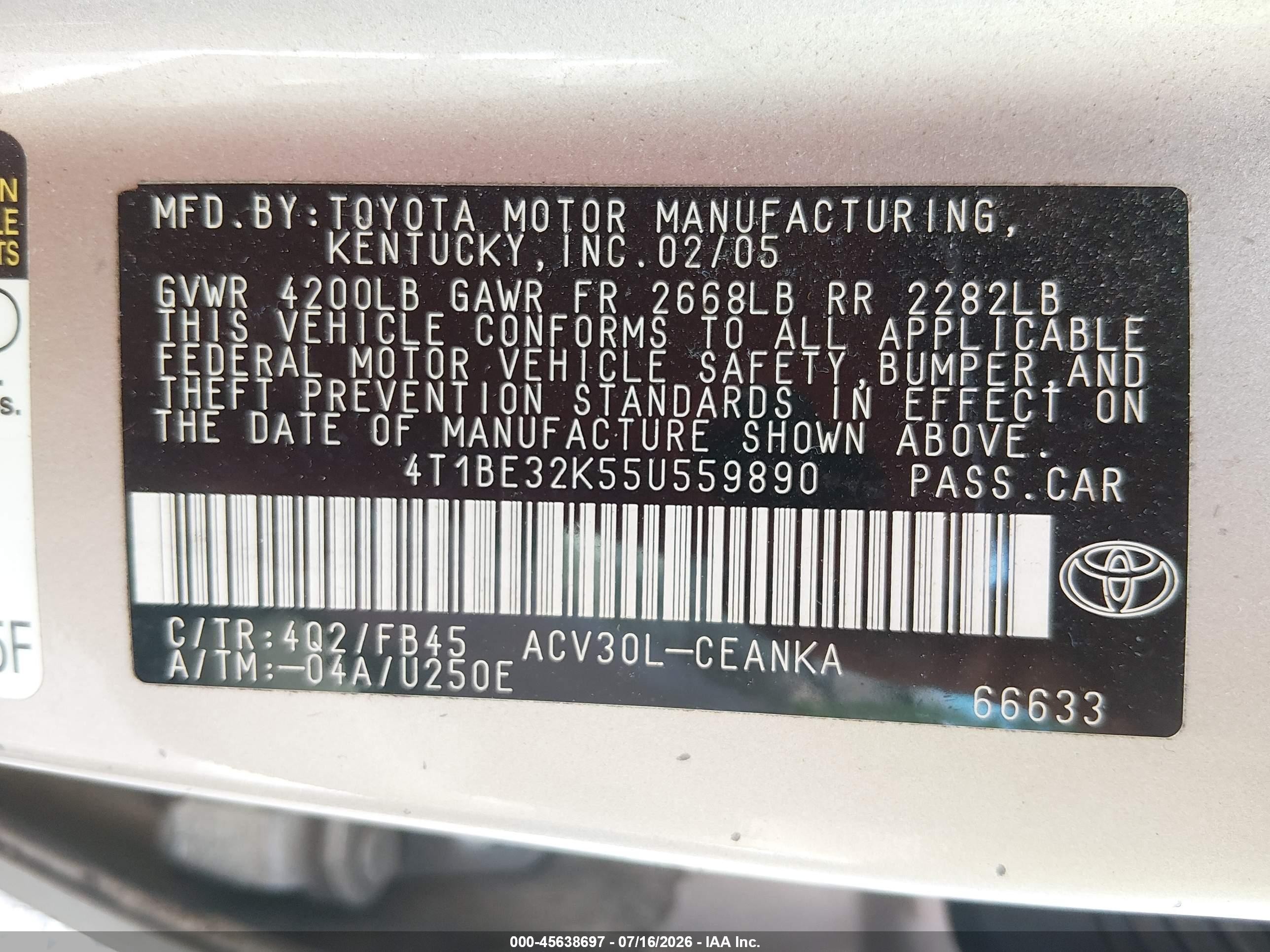 2005 Toyota Camry Le Желто-коричневый vin: 4T1BE32K55U559890