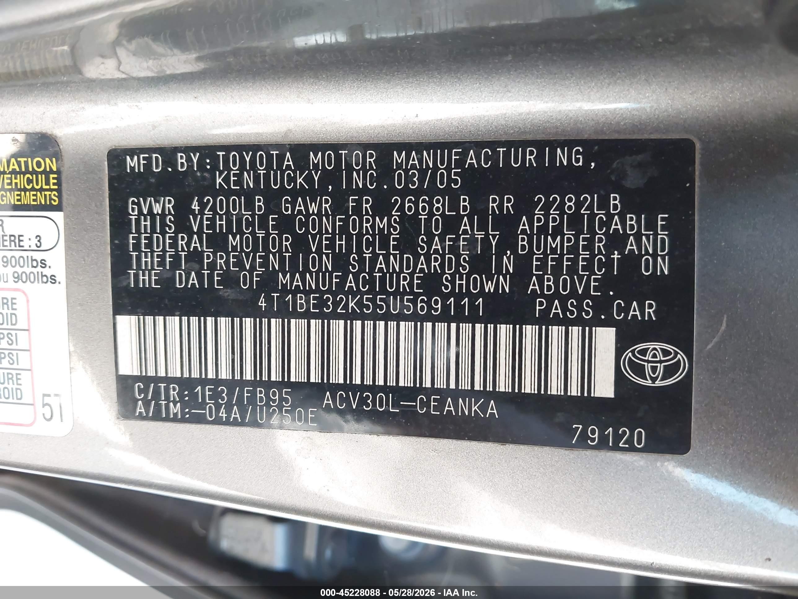 2005 Toyota Camry Std Brown vin: 4T1BE32K55U569111