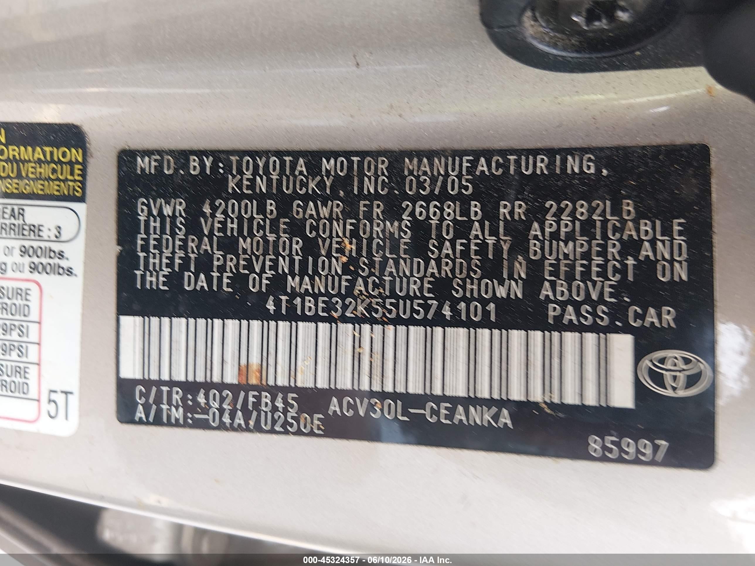 2005 Toyota Camry Std Tan vin: 4T1BE32K55U574101