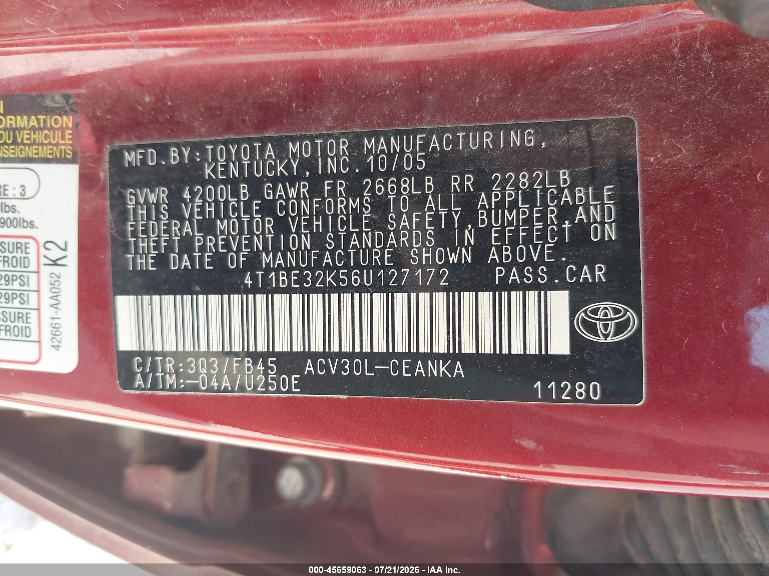2006 Toyota Camry Le Maroon vin: 4T1BE32K56U127172