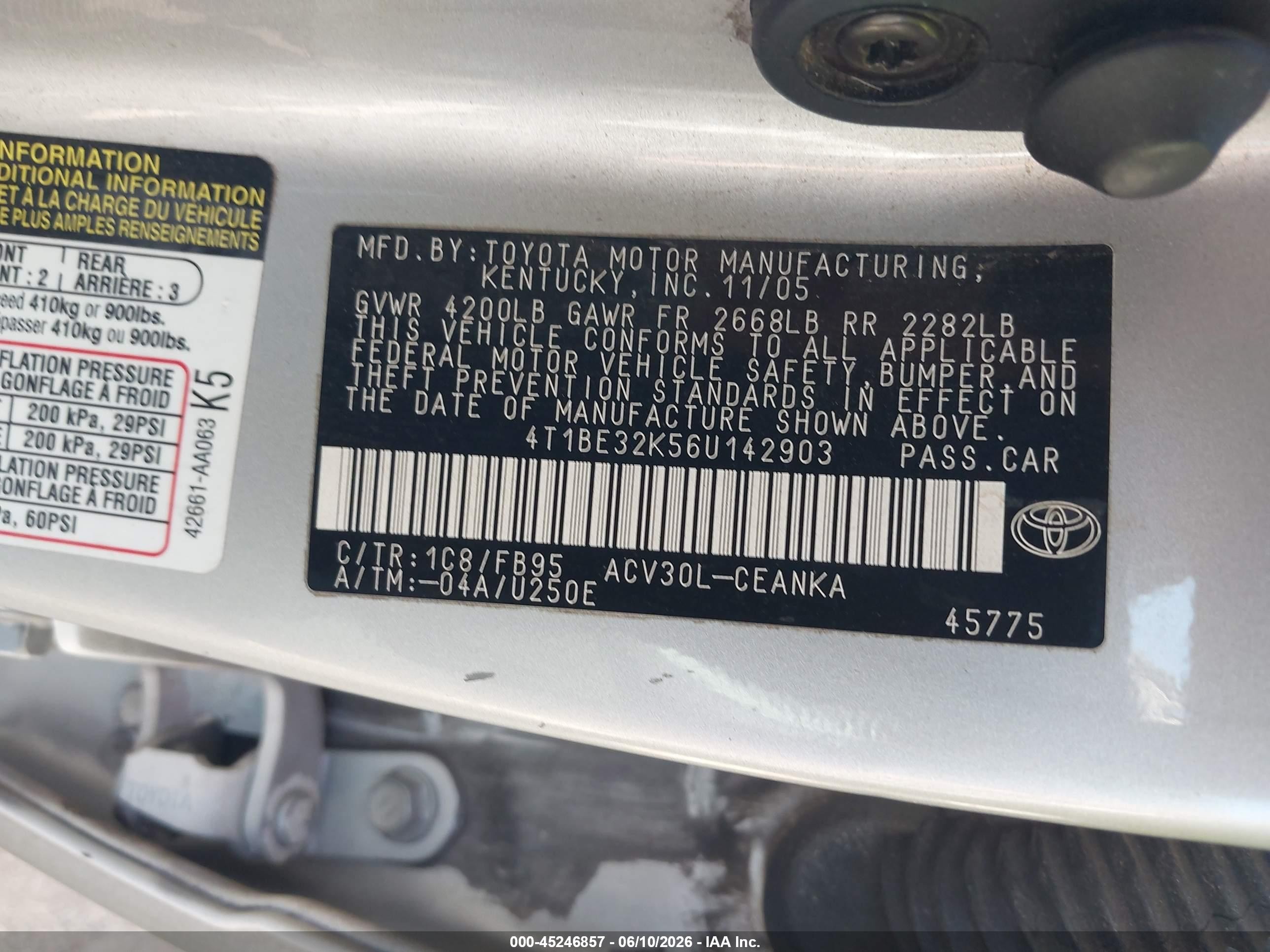 2006 Toyota Camry Std Silver vin: 4T1BE32K56U142903