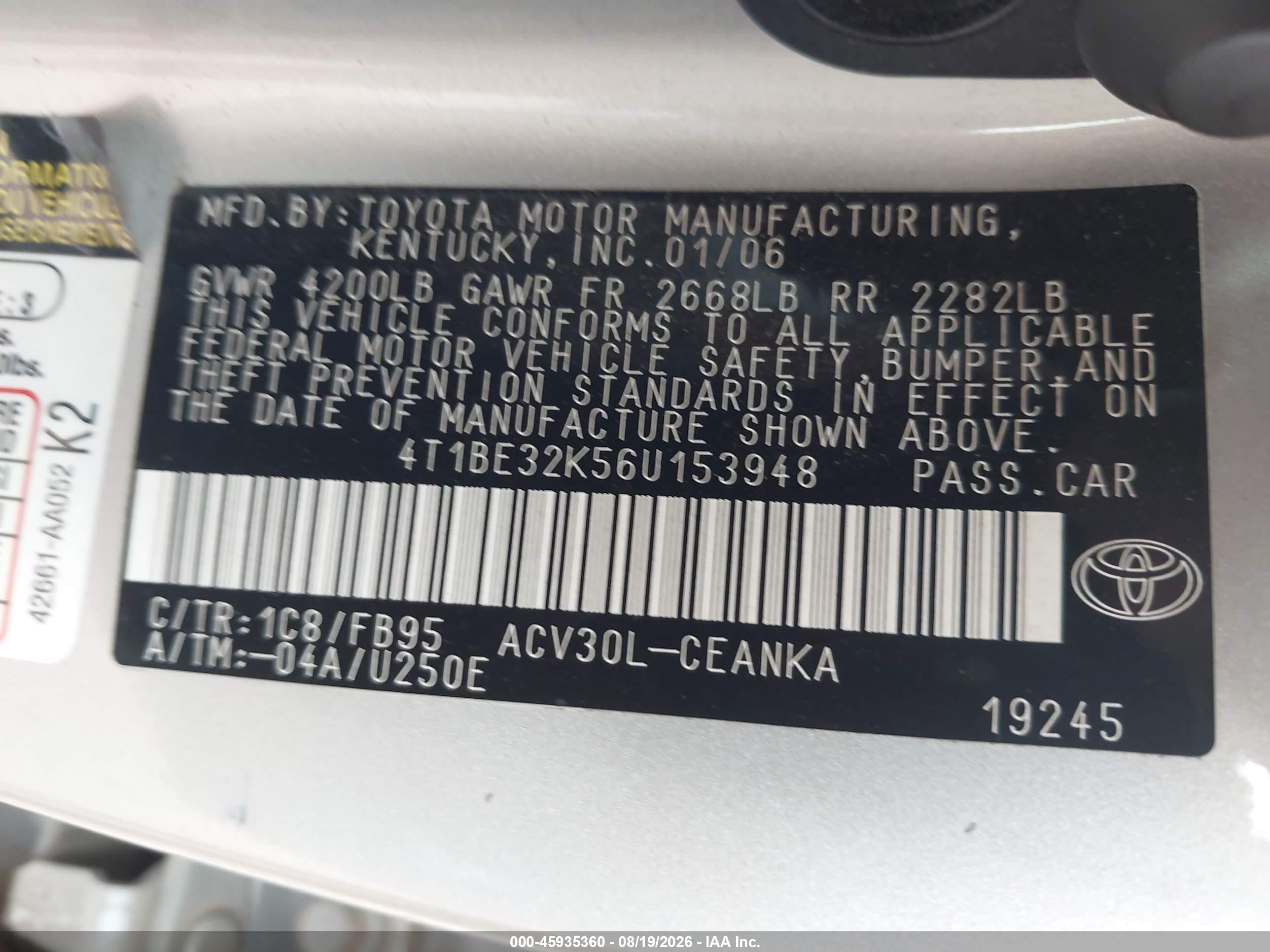 2006 Toyota Camry Le Silver vin: 4T1BE32K56U153948