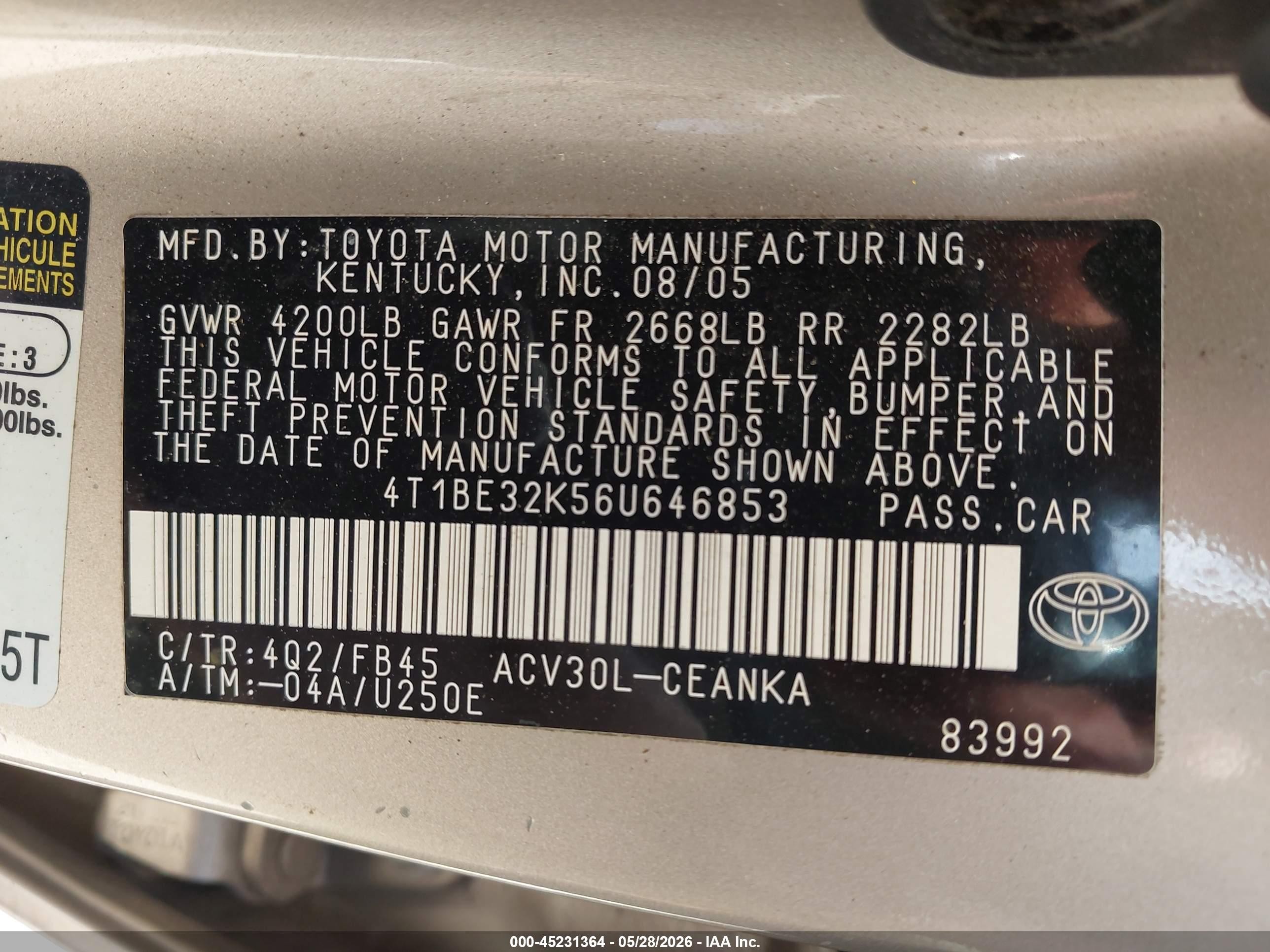 2006 Toyota Camry Std Beige vin: 4T1BE32K56U646853