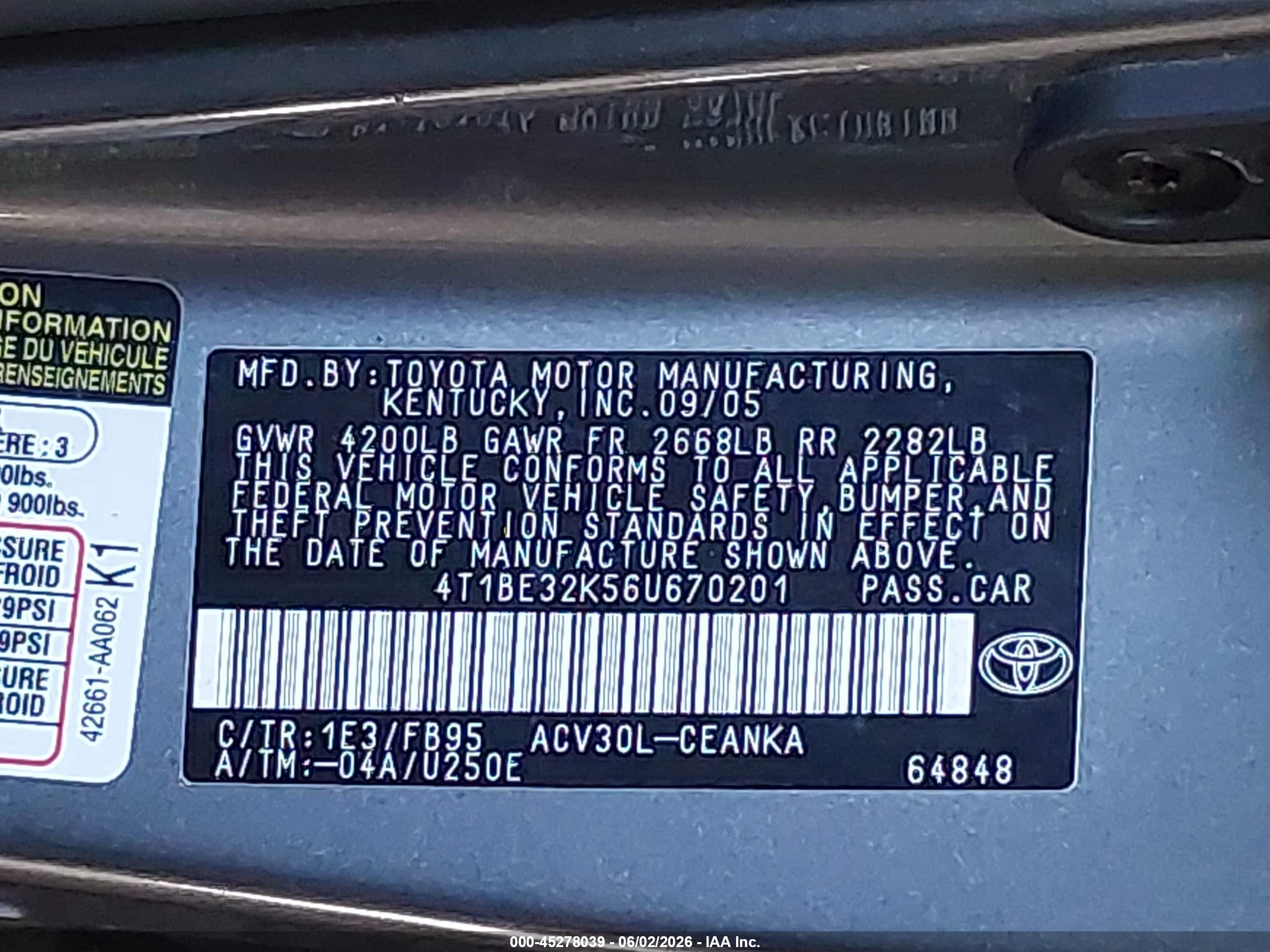 2006 Toyota Camry Std Gray vin: 4T1BE32K56U670201