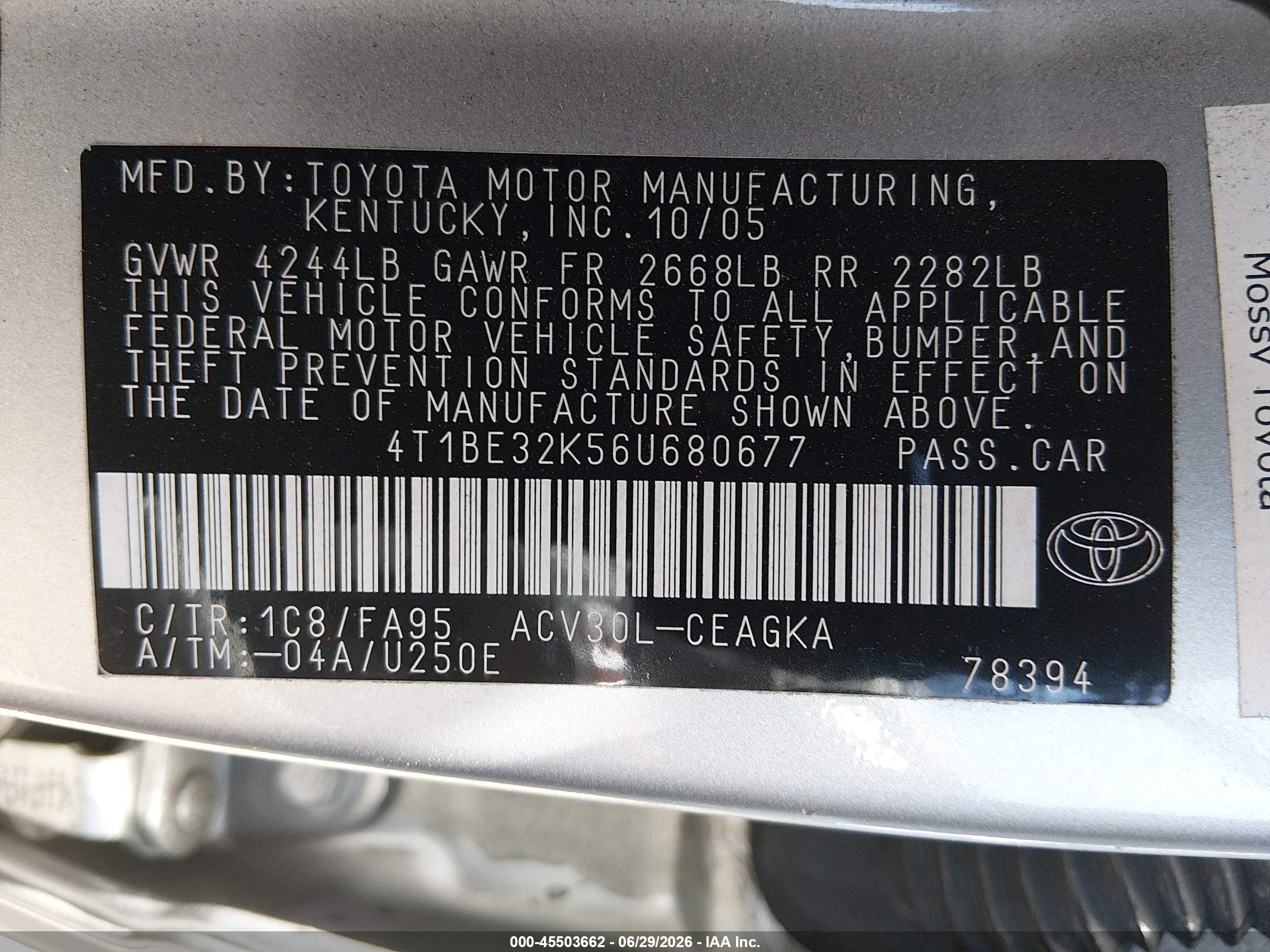 2006 Toyota Camry Xle Silver vin: 4T1BE32K56U680677