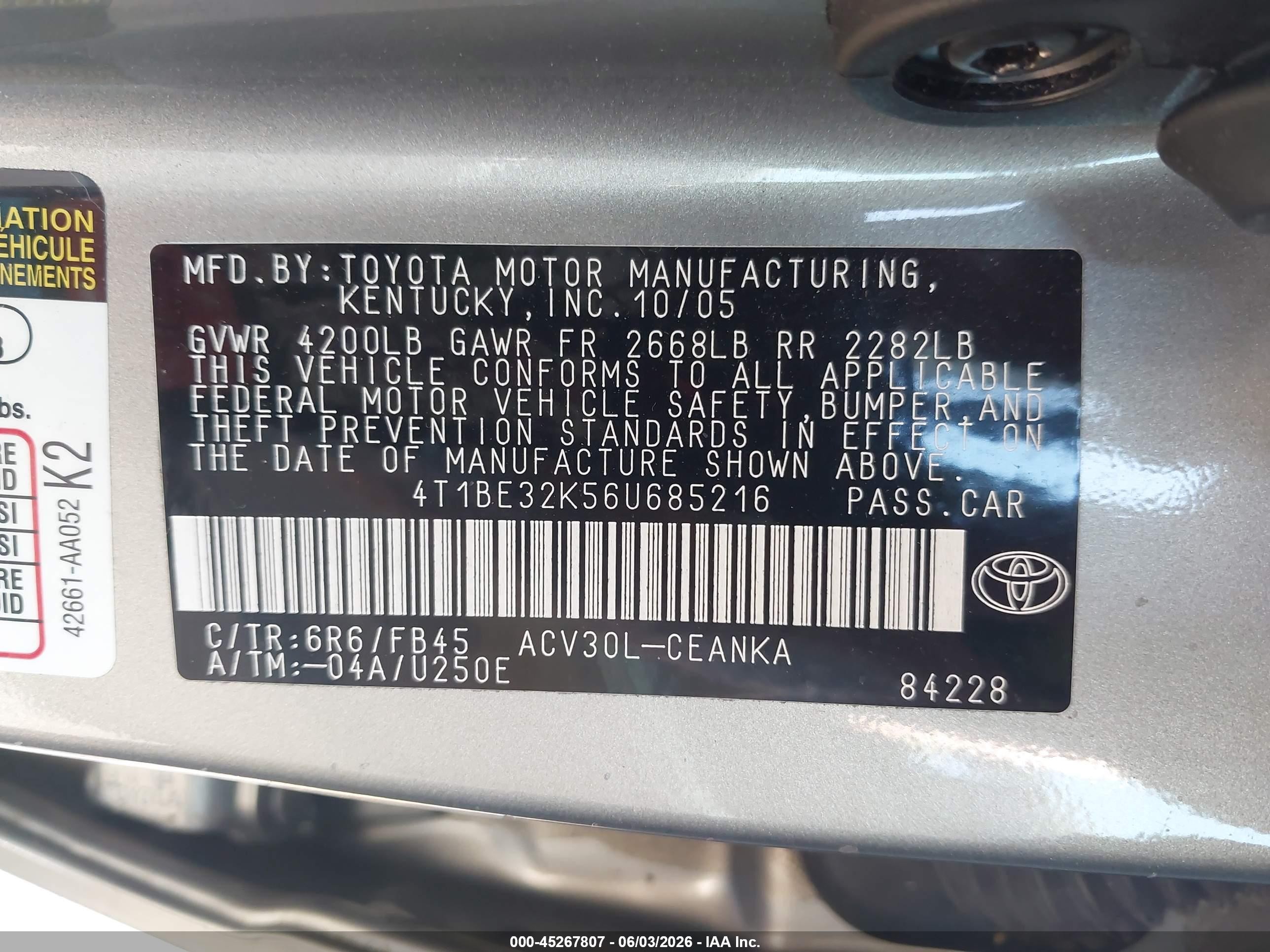 2006 Toyota Camry Le Silver vin: 4T1BE32K56U685216