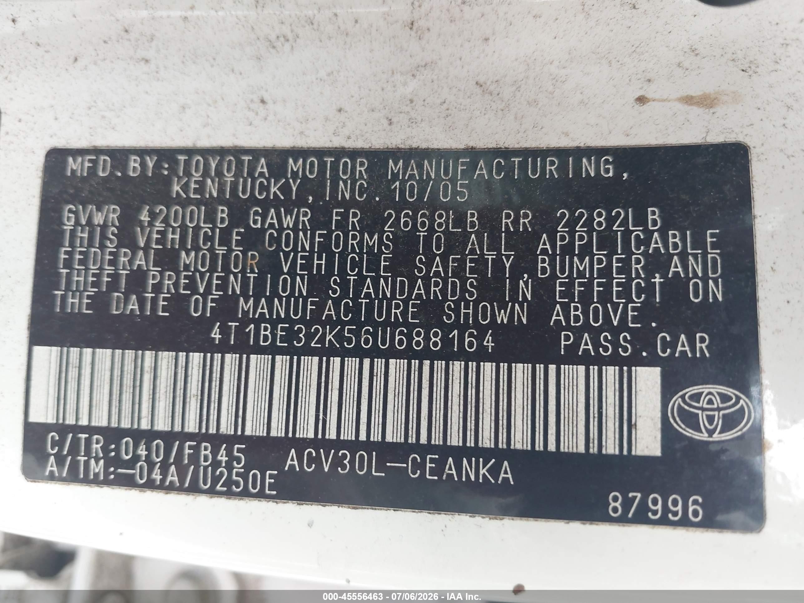 2006 Toyota Camry Le Белый vin: 4T1BE32K56U688164