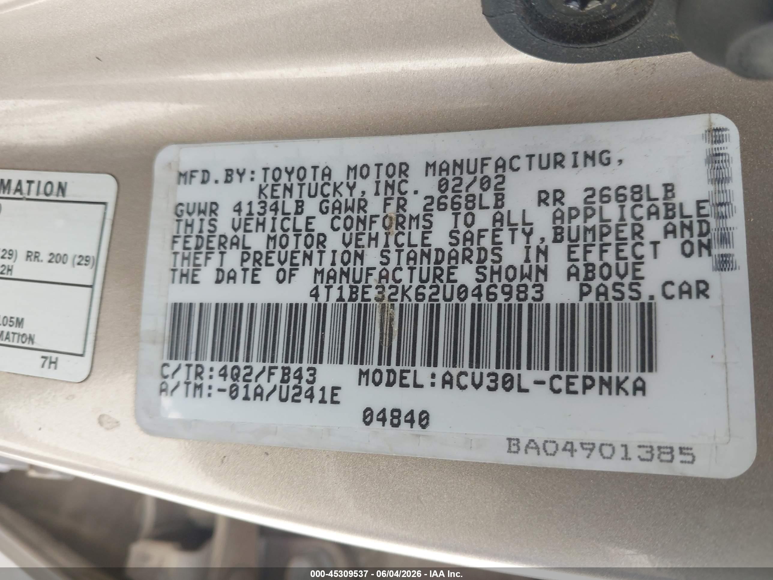 2002 Toyota Camry Le Brown vin: 4T1BE32K62U046983