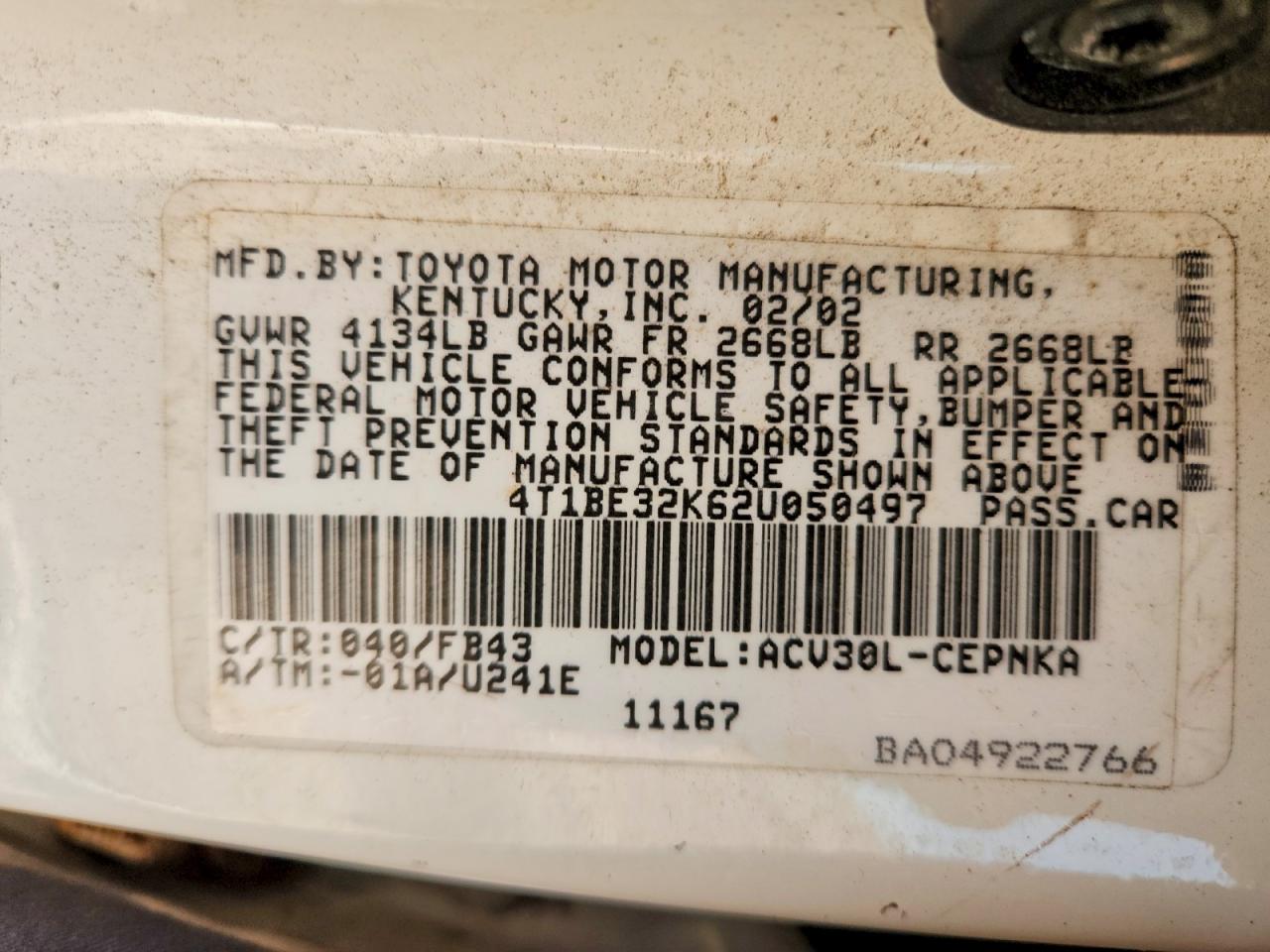 2002 Toyota Camry Le White vin: 4T1BE32K62U050497