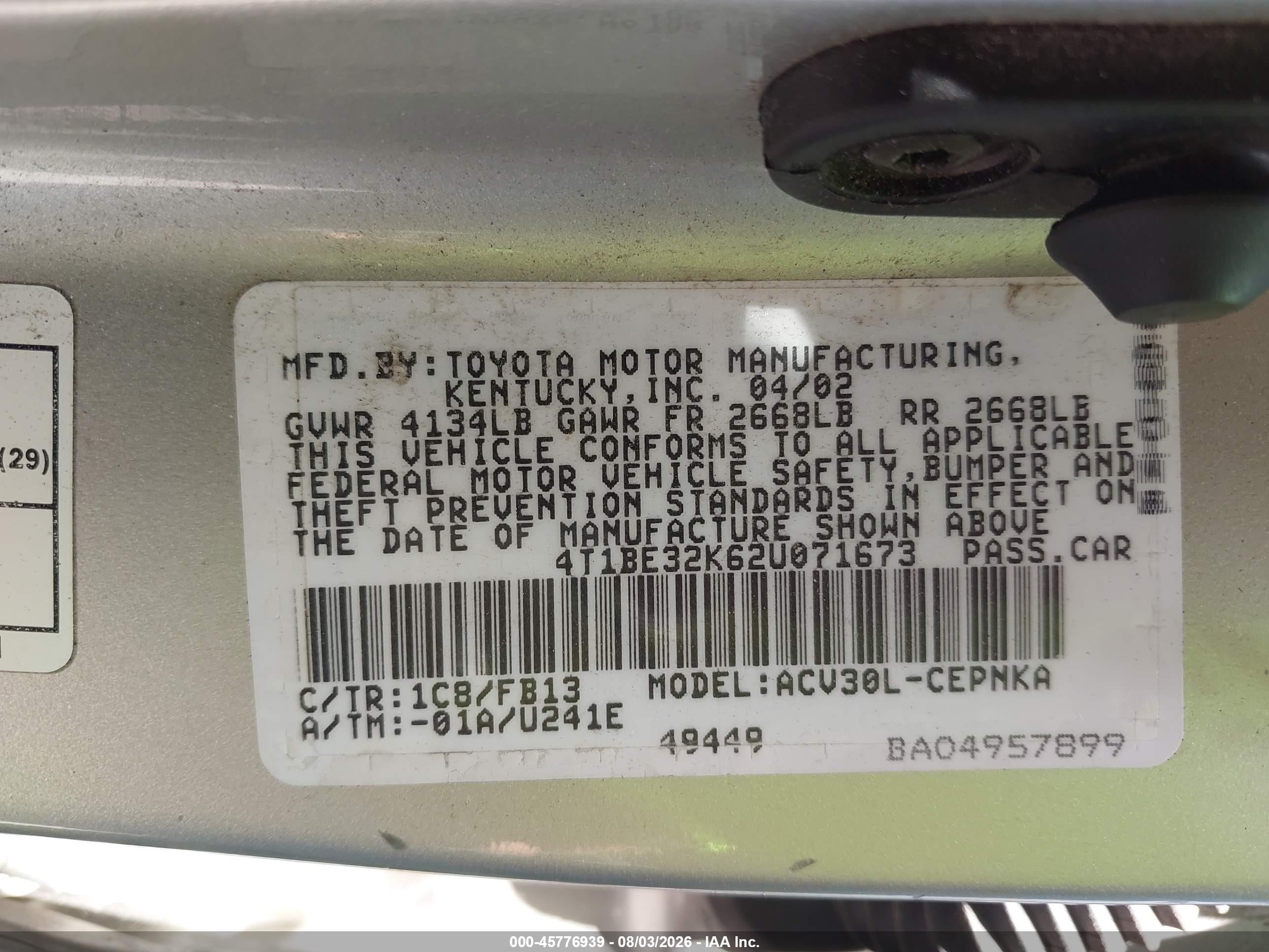 2002 Toyota Camry Le Silver vin: 4T1BE32K62U071673