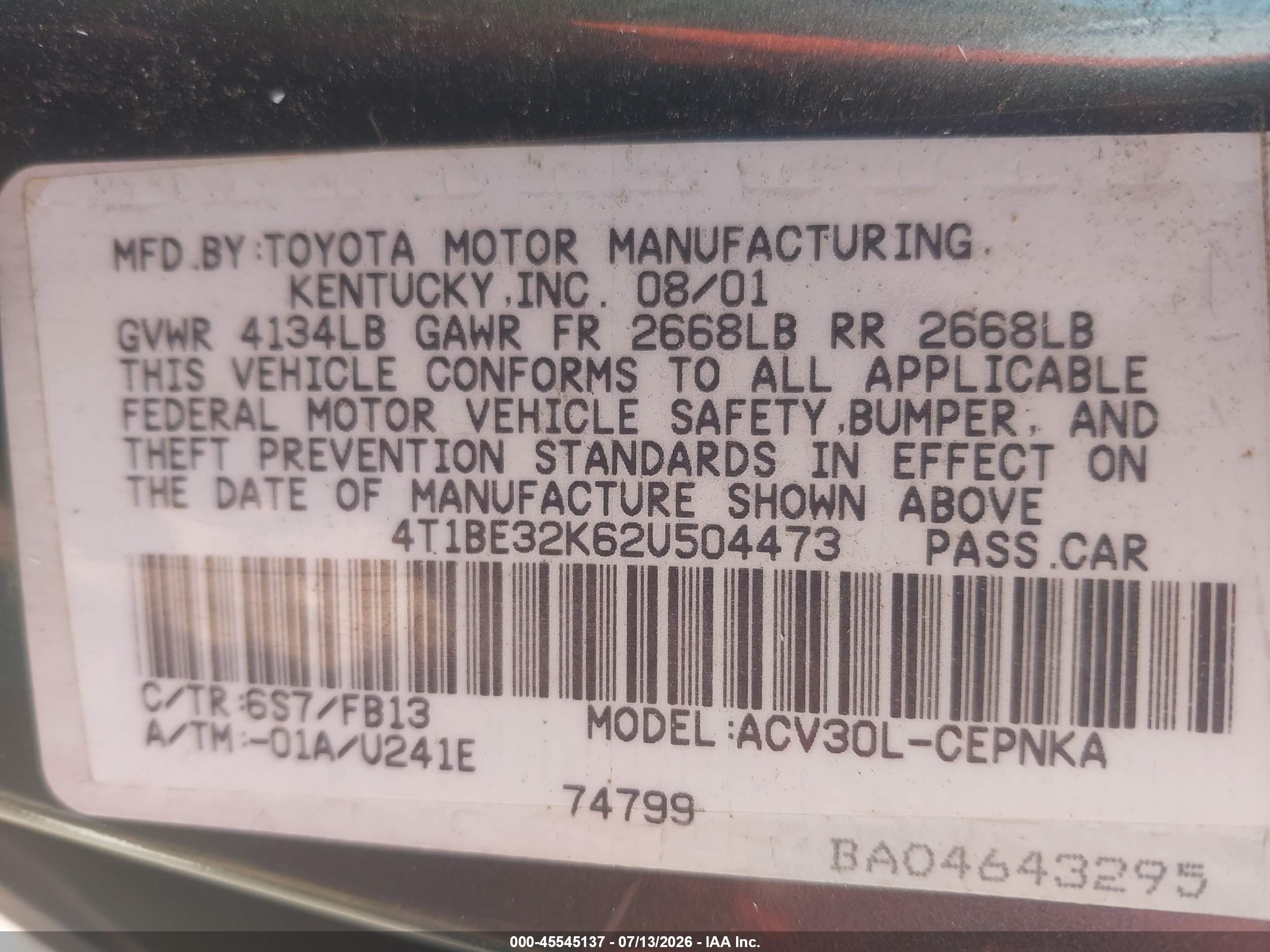 2002 Toyota Camry Le Green vin: 4T1BE32K62U504473