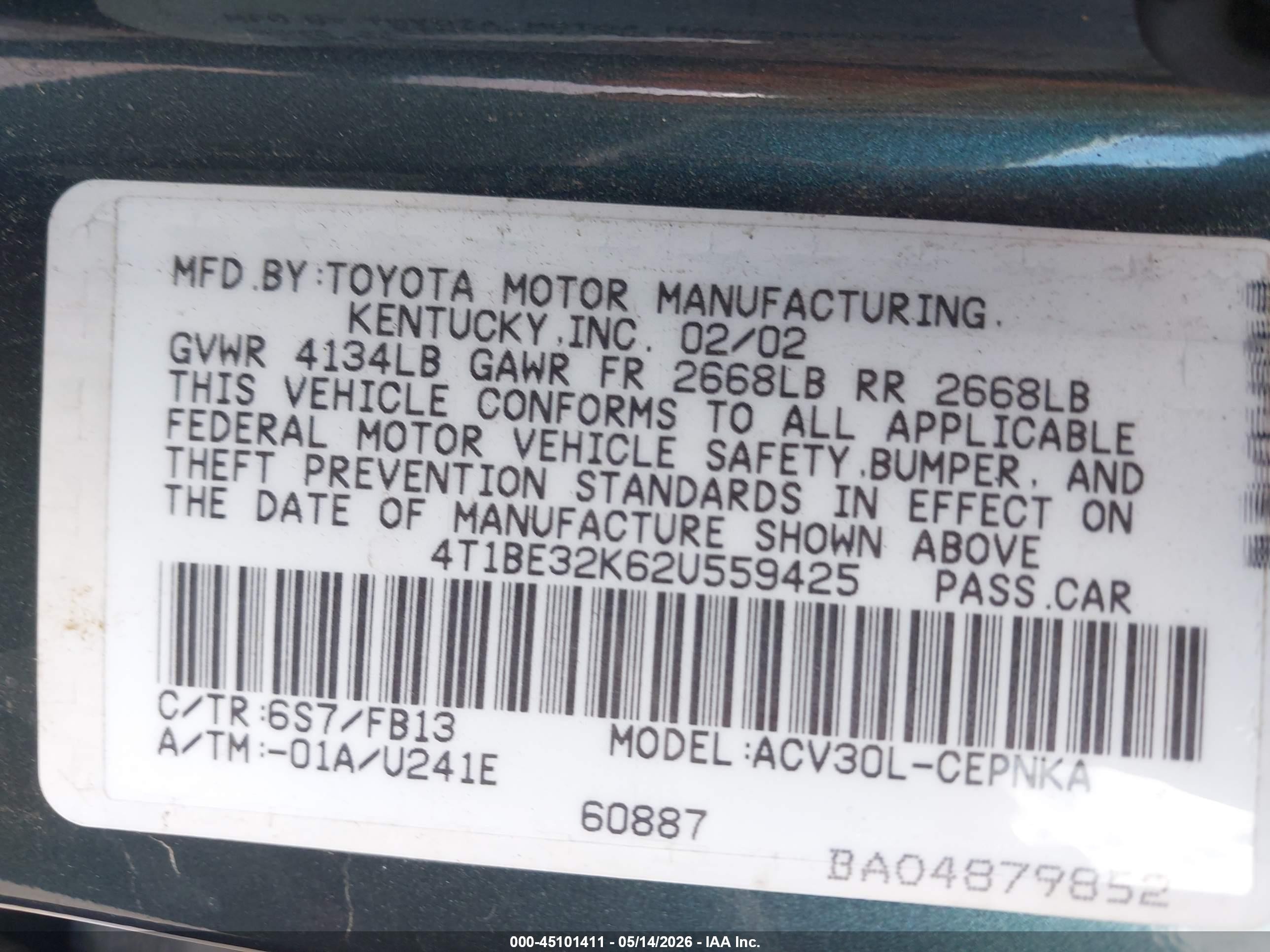 2002 Toyota Camry Le Бирюзовый vin: 4T1BE32K62U559425