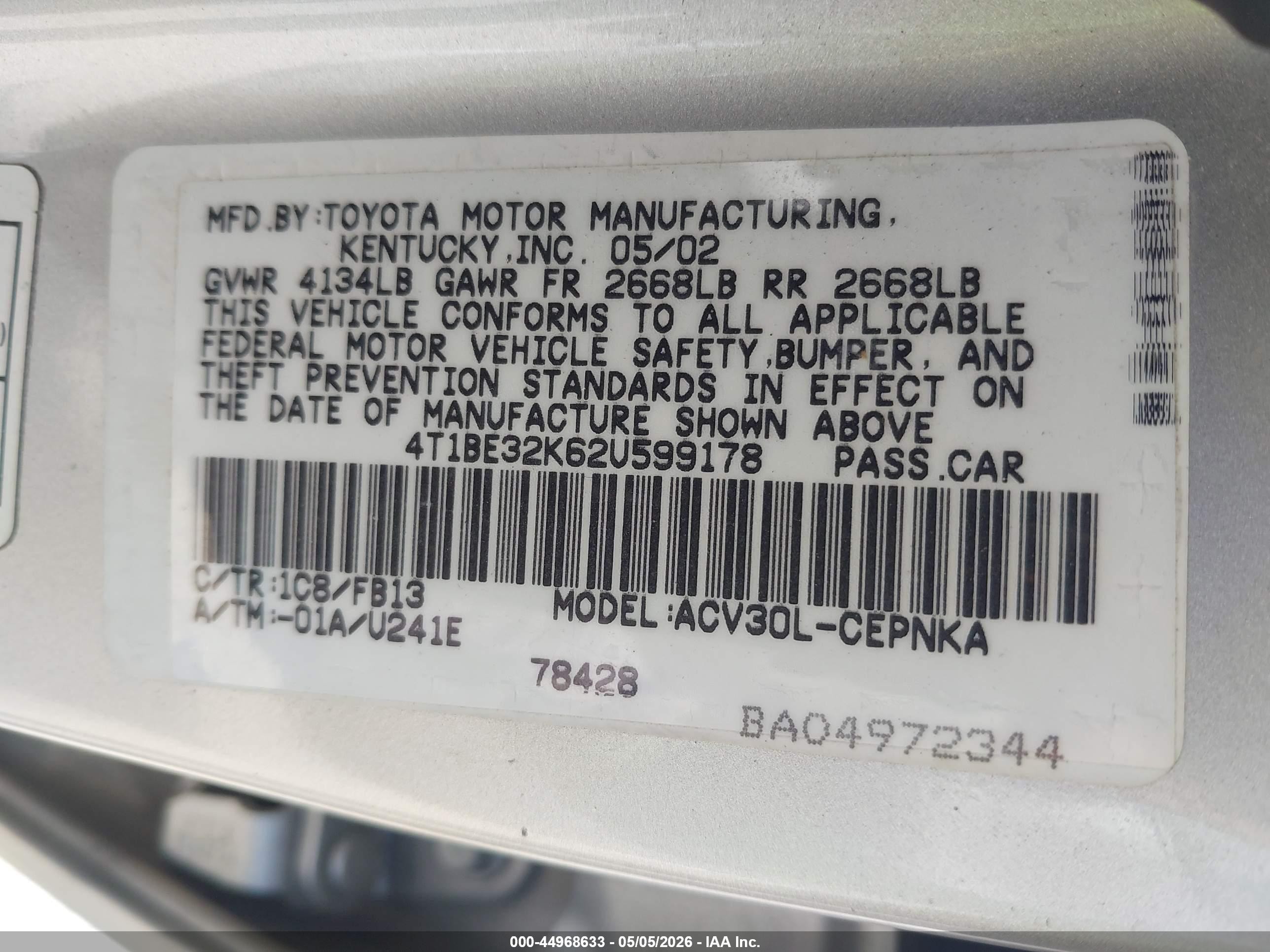 2002 Toyota Camry Le Silver vin: 4T1BE32K62U599178