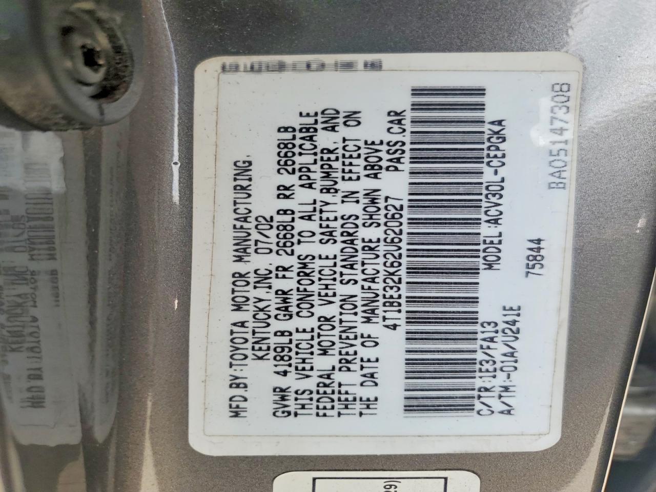 2002 Toyota Camry Xle Gray vin: 4T1BE32K62U620627