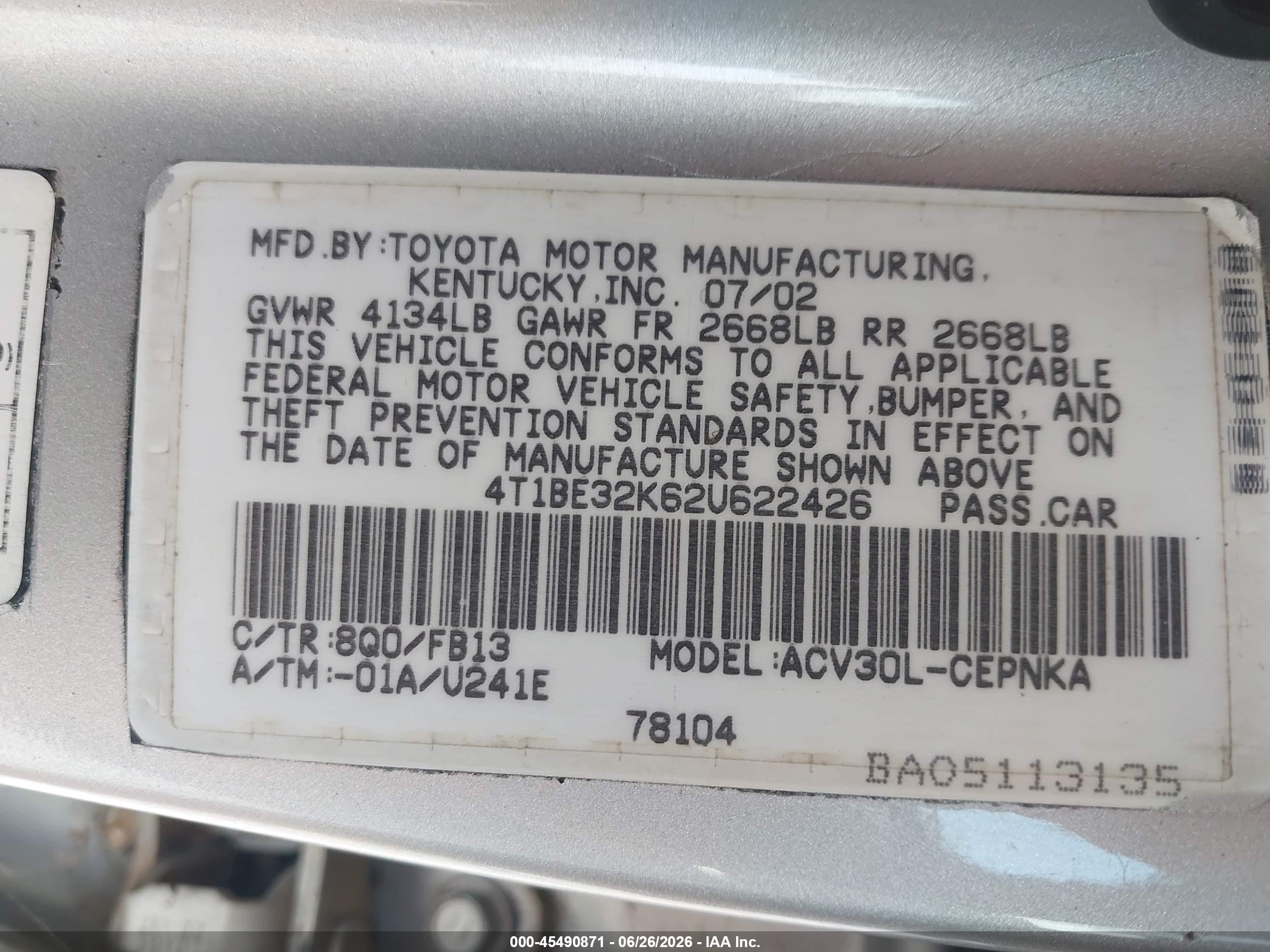 2002 Toyota Camry Le Silver vin: 4T1BE32K62U622426