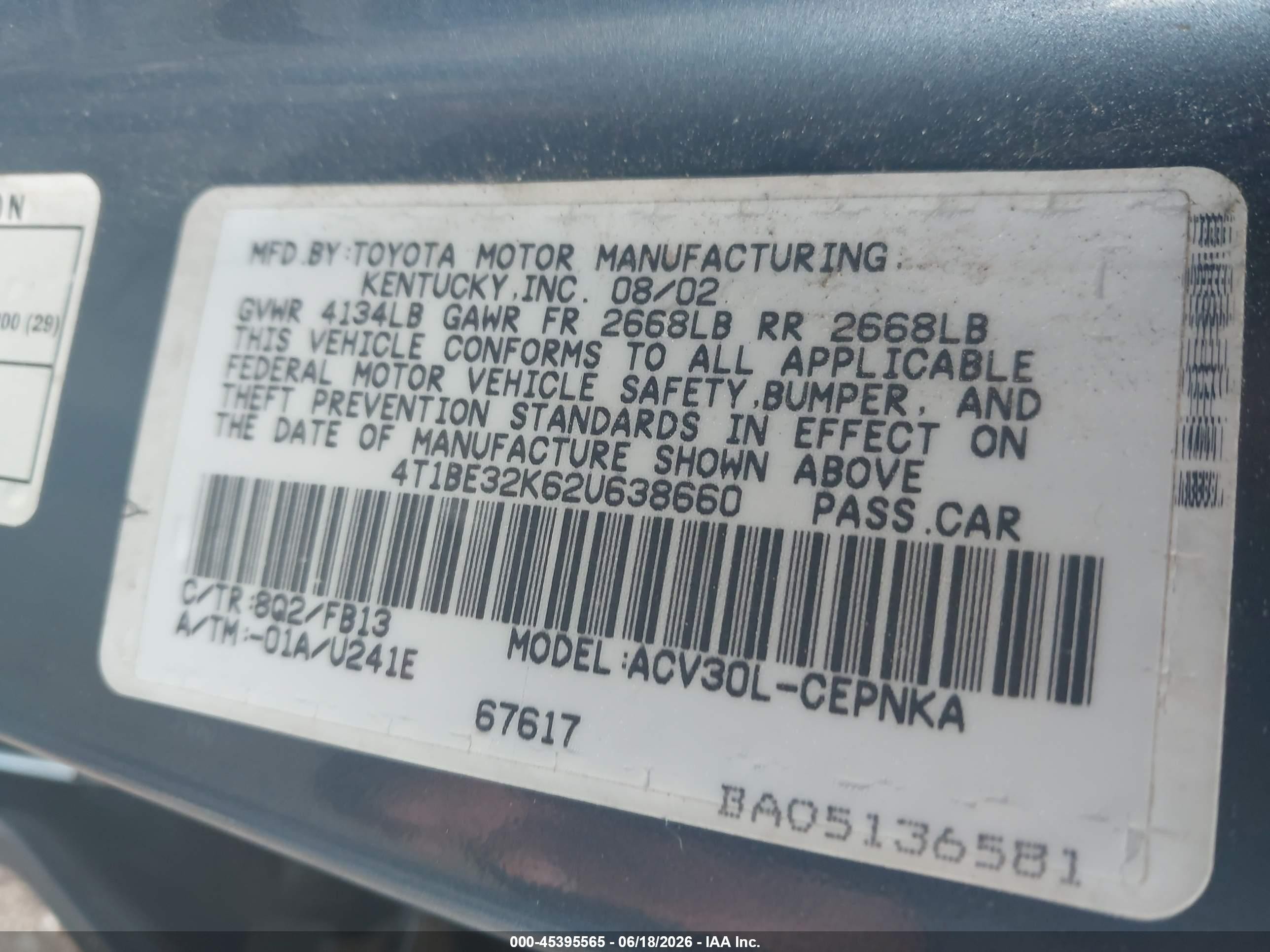2002 Toyota Camry Le Teal vin: 4T1BE32K62U638660