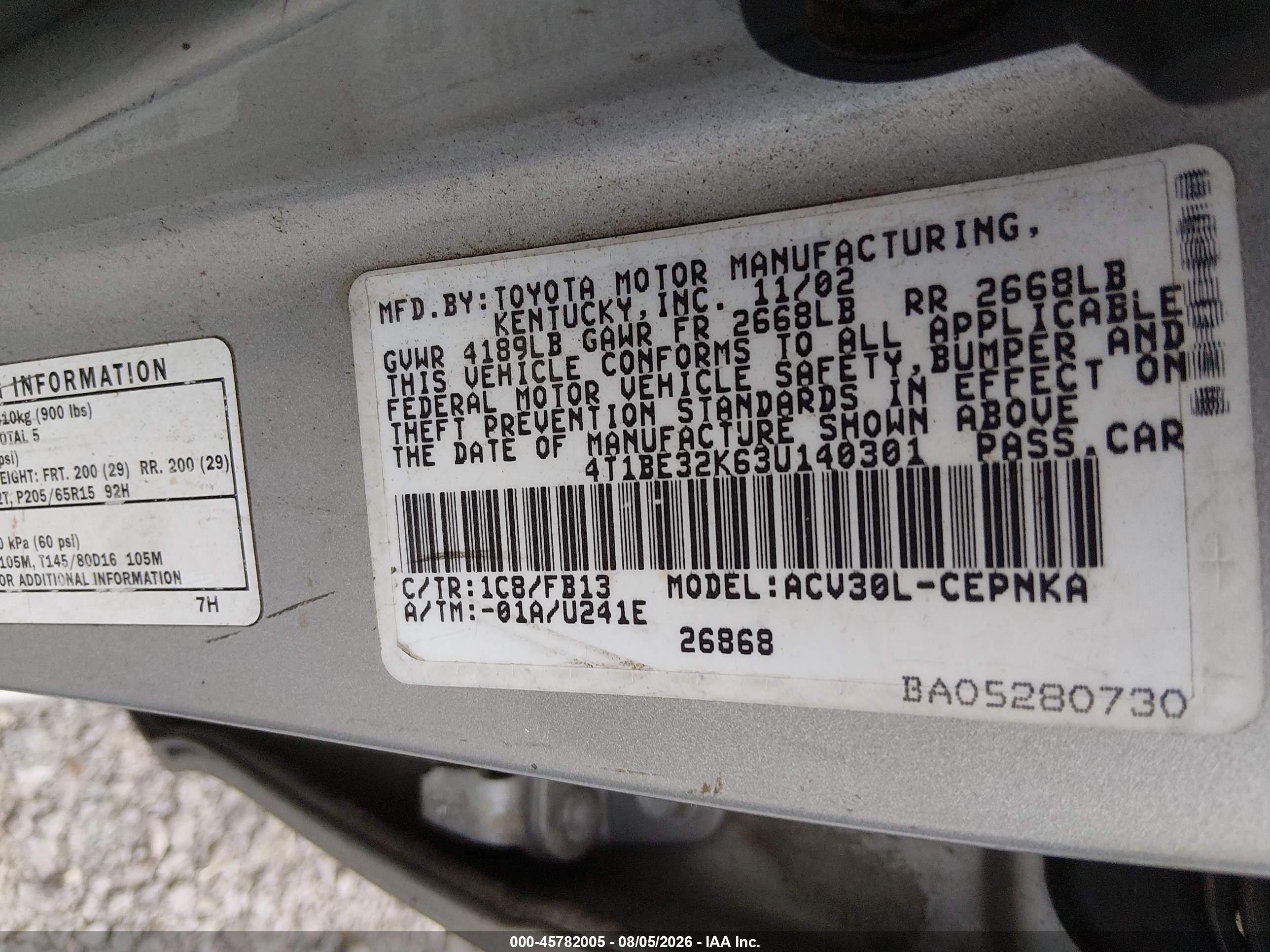 2003 Toyota Camry Le Silver vin: 4T1BE32K63U140301