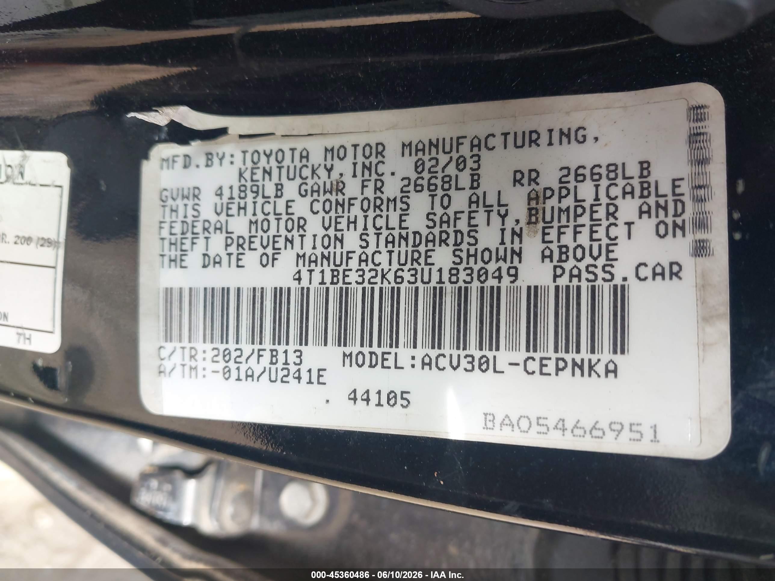 2003 Toyota Camry Le Black vin: 4T1BE32K63U183049