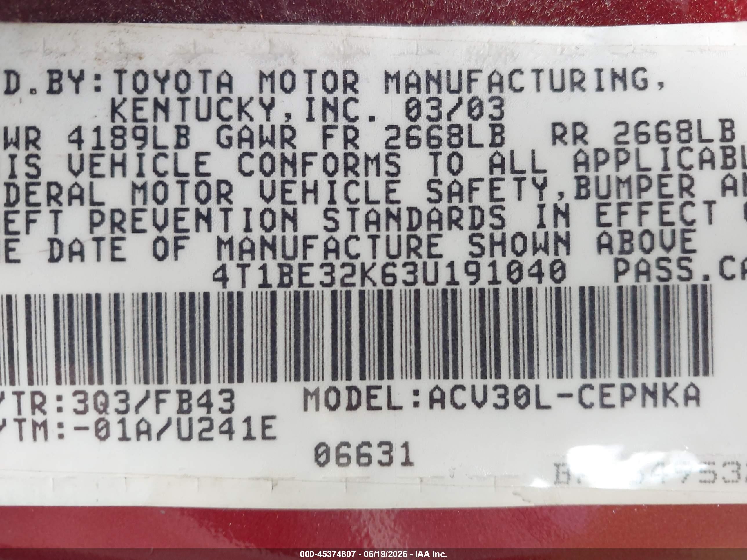 2003 Toyota Camry Le Красный vin: 4T1BE32K63U191040