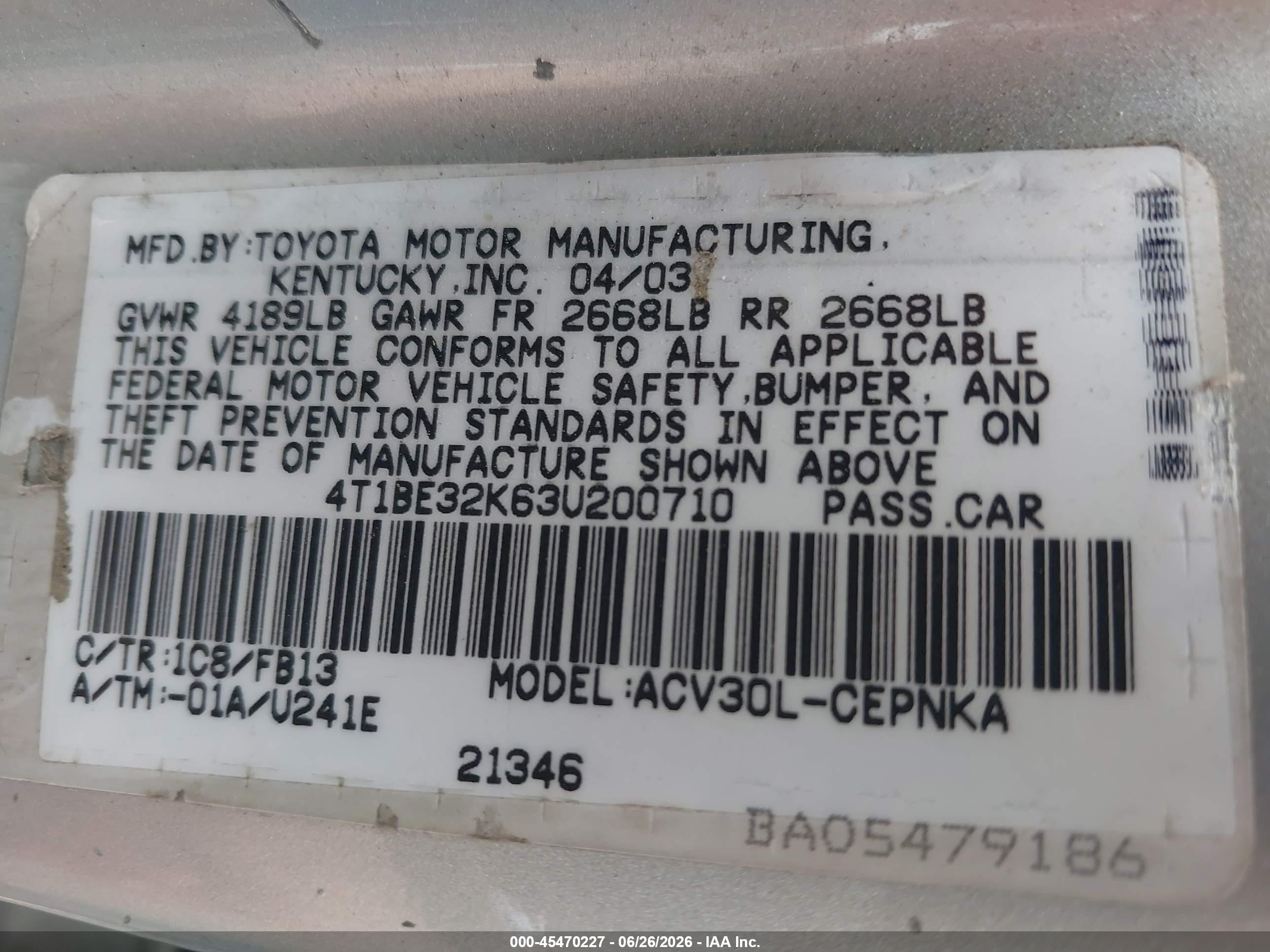 2003 Toyota Camry Le Silver vin: 4T1BE32K63U200710